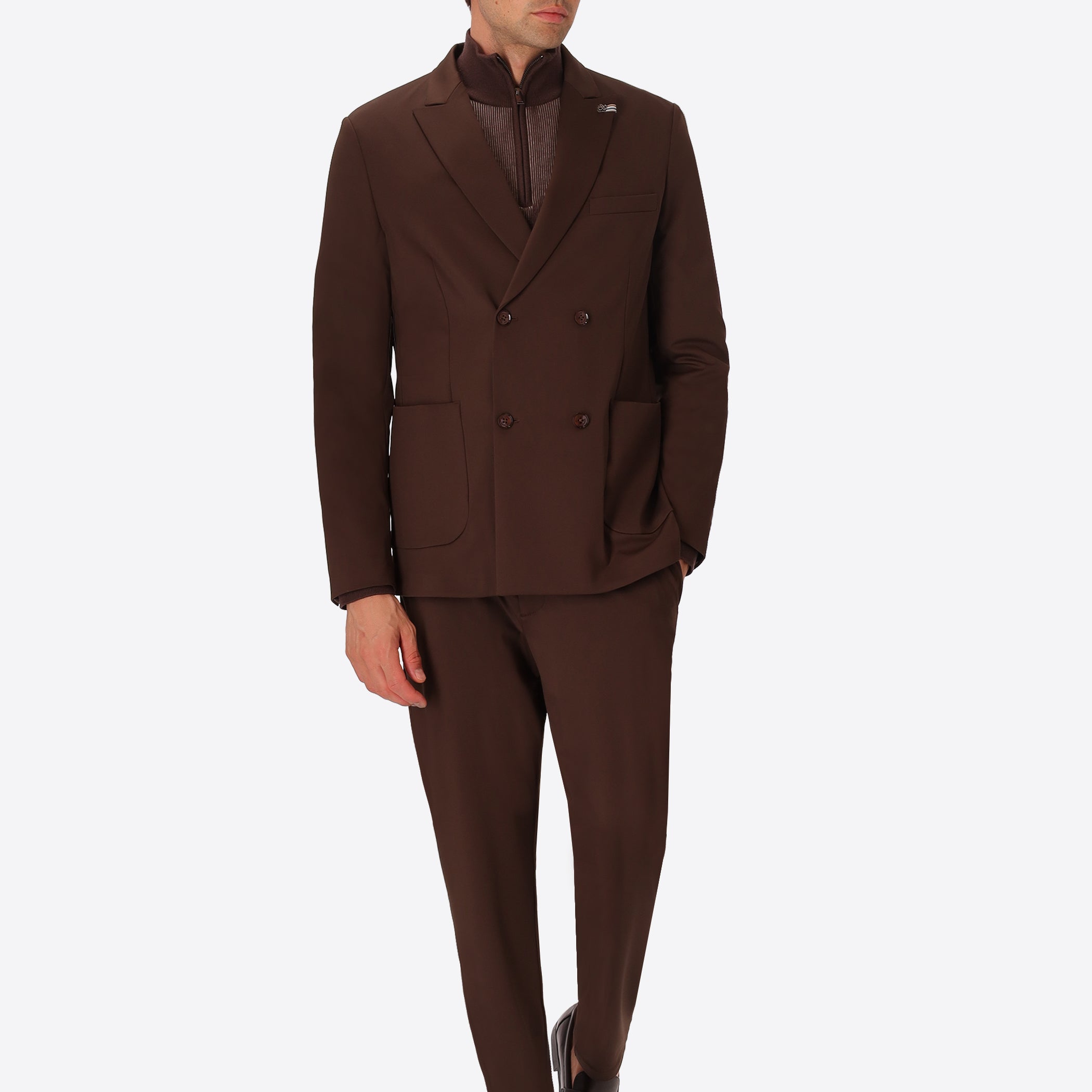 H.P. M26 Brown High-Perform12 Technical Double-Breasted Jacket - Model Full Body Shot