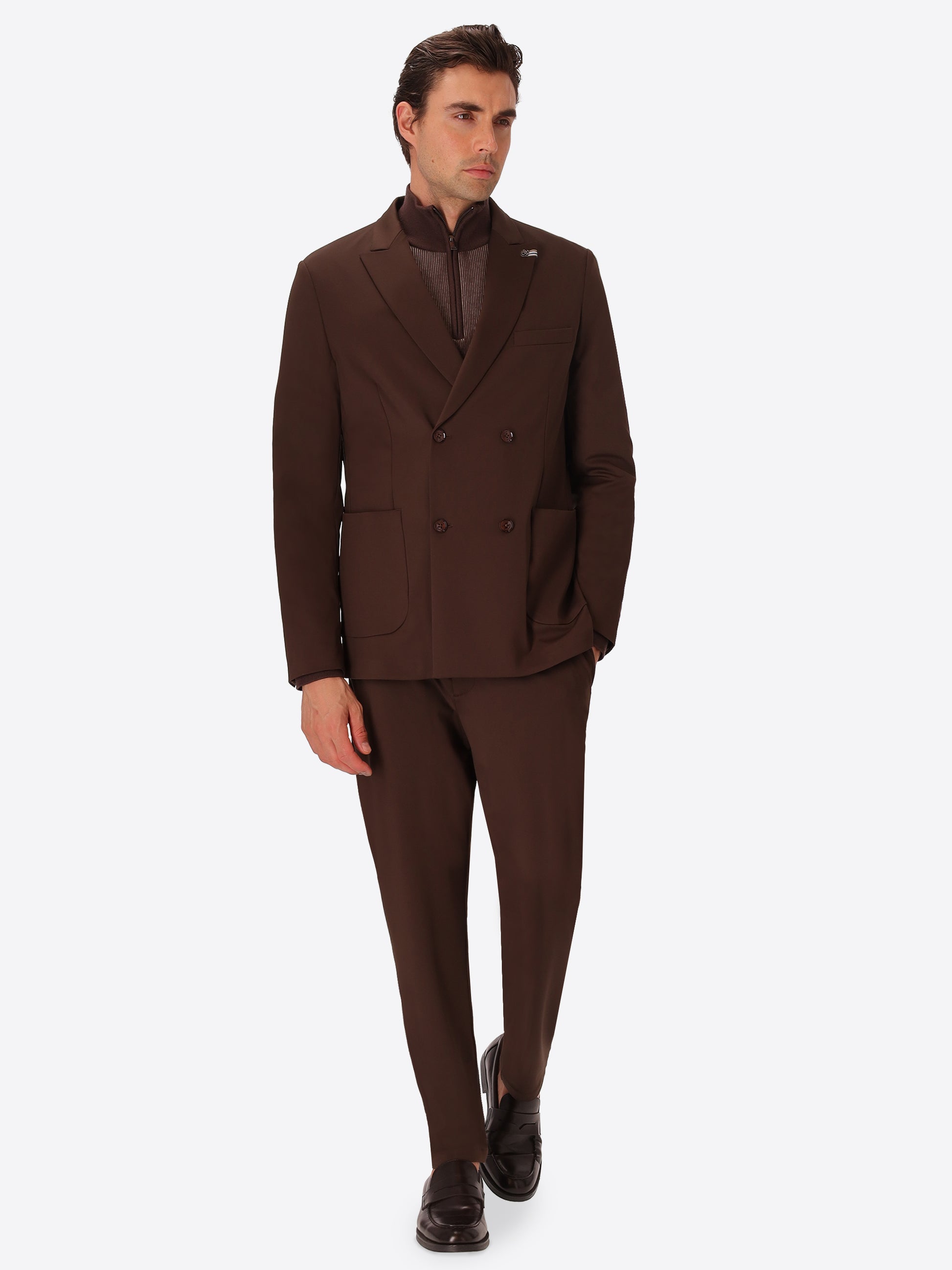 H.P. M26 Brown High-Perform12 Technical Double-Breasted Jacket - Model Full Body Shot