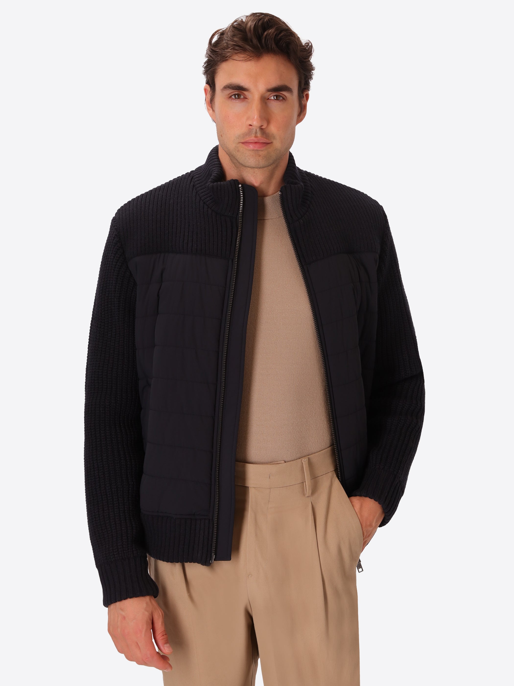 Mondrian Blue Horizontal-Quilted Technical Nylon With Knit Trims High-Neck Jacket - Model Front View
