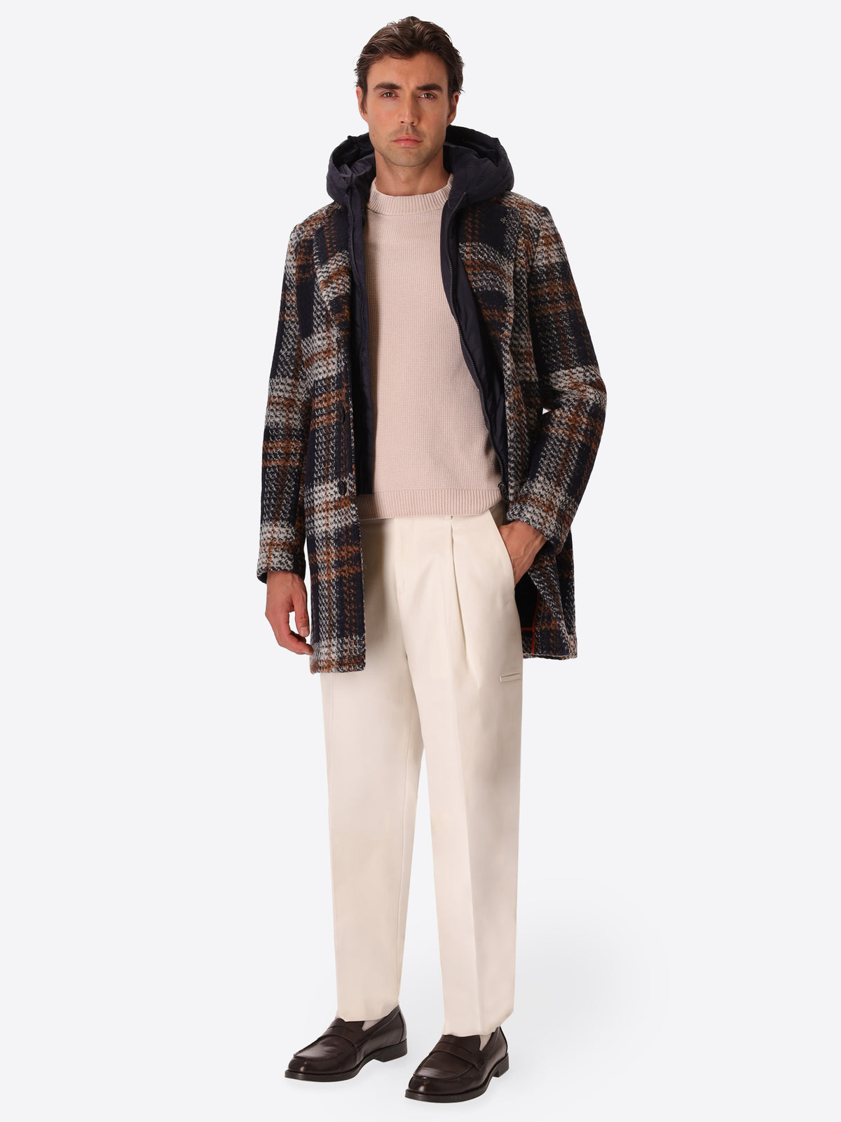 Maxi-Check Wool-Blend Coat Caravaggio with Detachable Bib