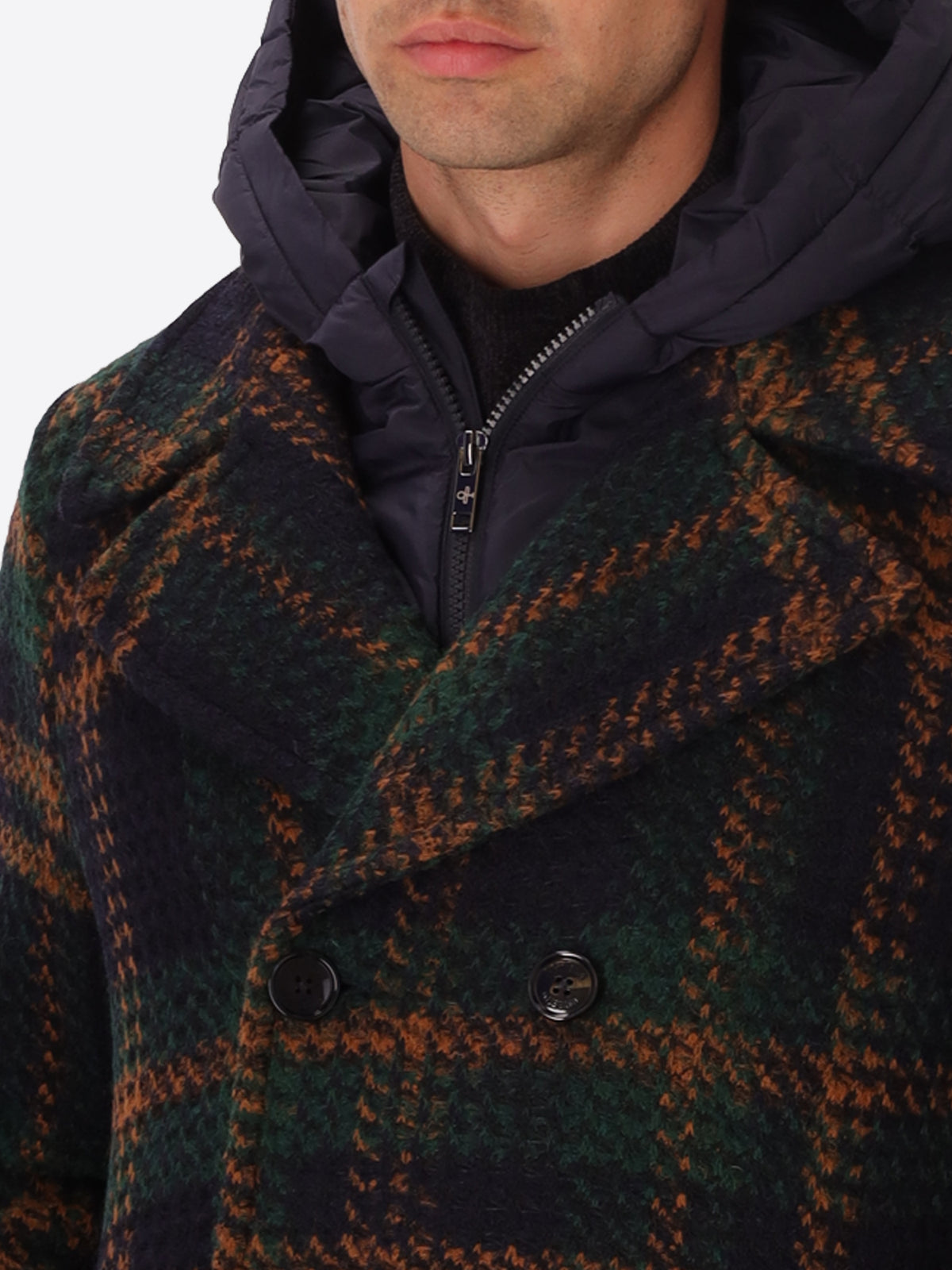 Maxi-Karo-Woll-Mix-Peacoat Caravaggio mit abnehmbarem Latzteil