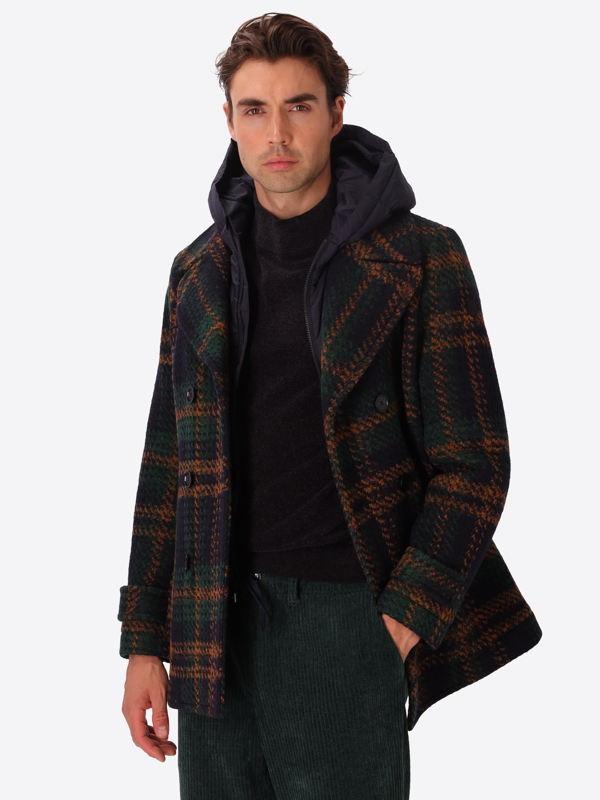 Maxi-Check Wool-Blend Peacoat Caravaggio with Detachable Bib