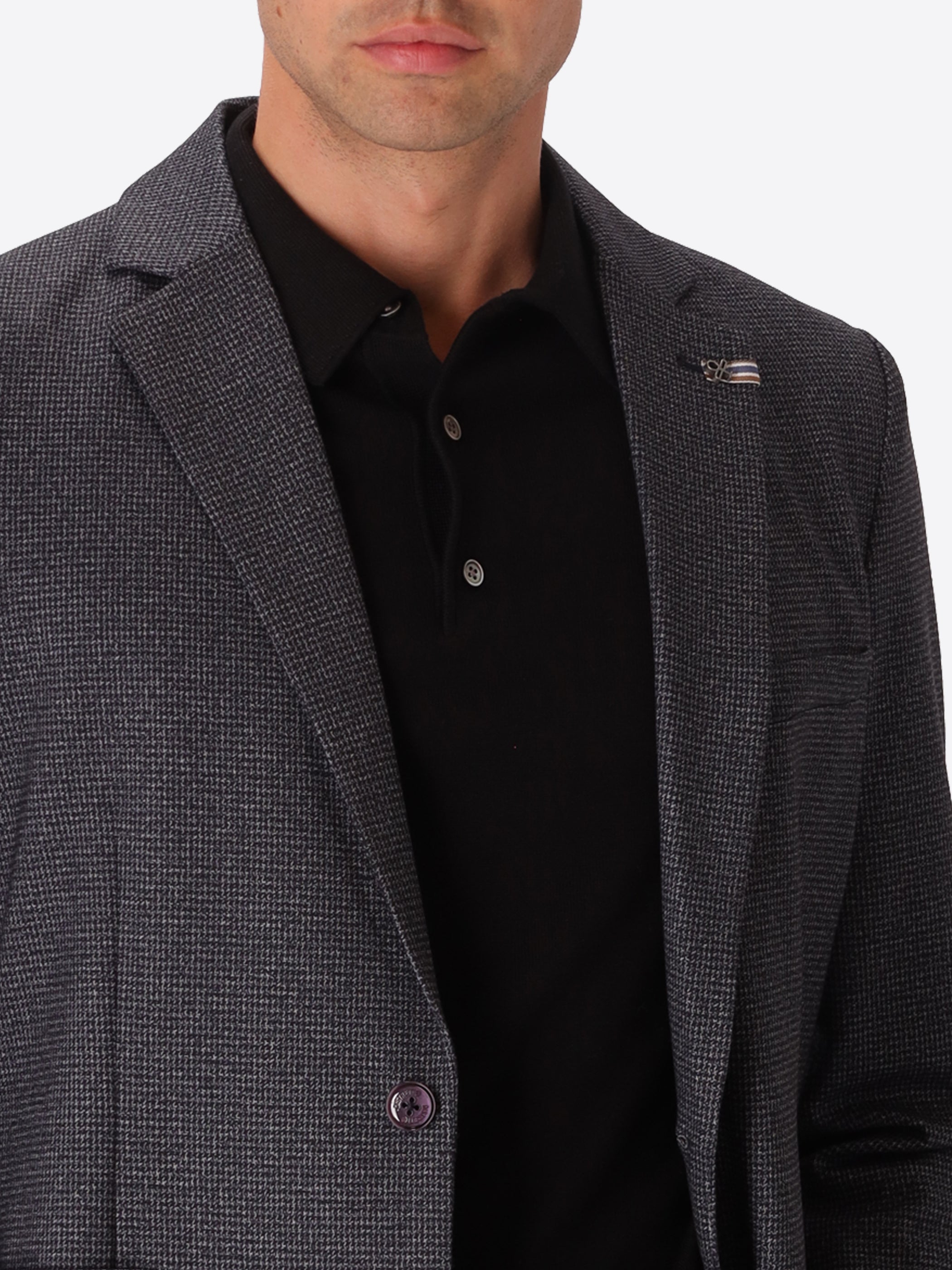 Allori Charcoal Milano-Jersey Houndstooth Jacket - Close-Up Of The Collar