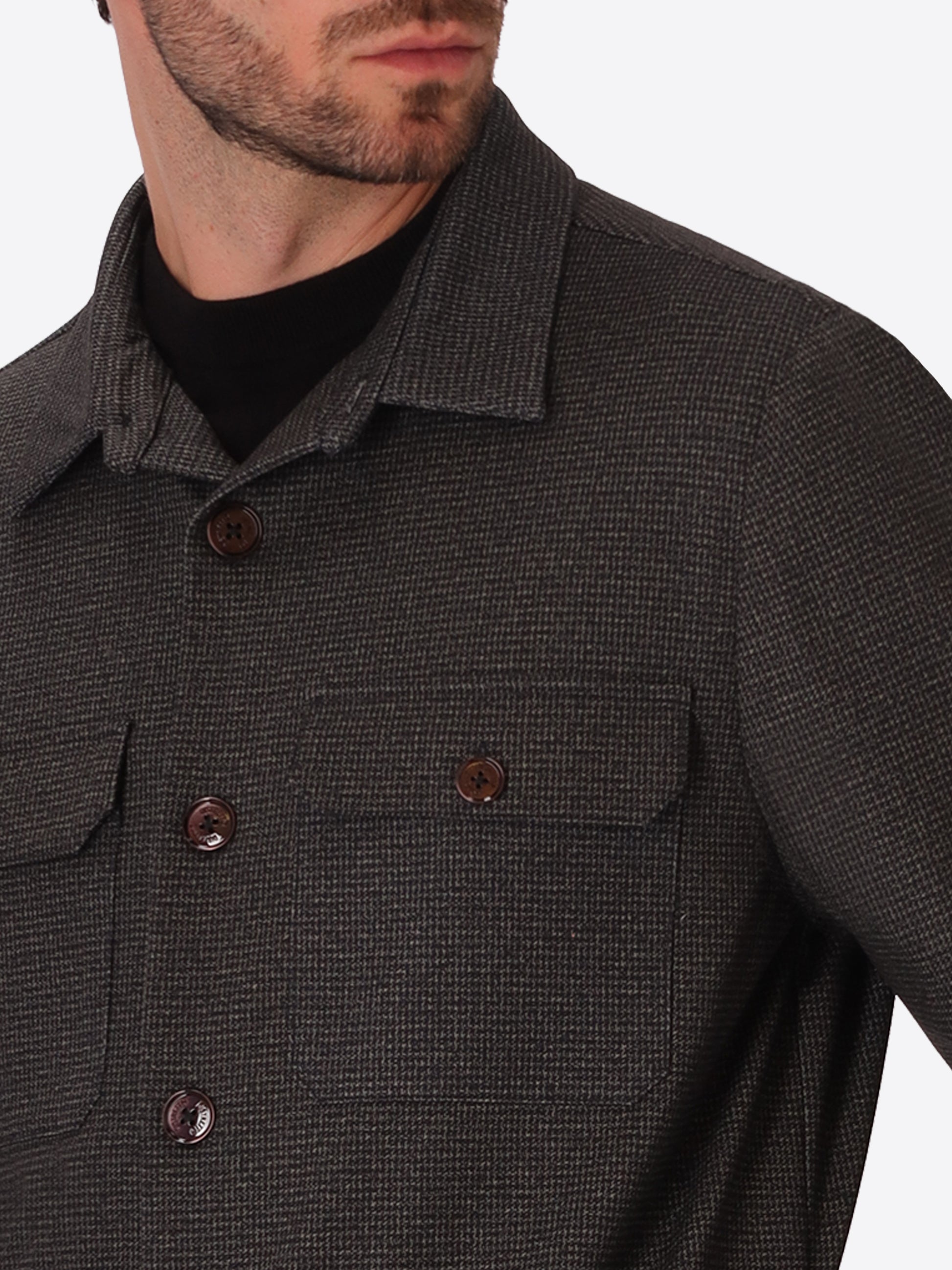 Allori Forest Green Milano-Jersey Houndstooth Shirt Jacket - Close-Up Of The Collar