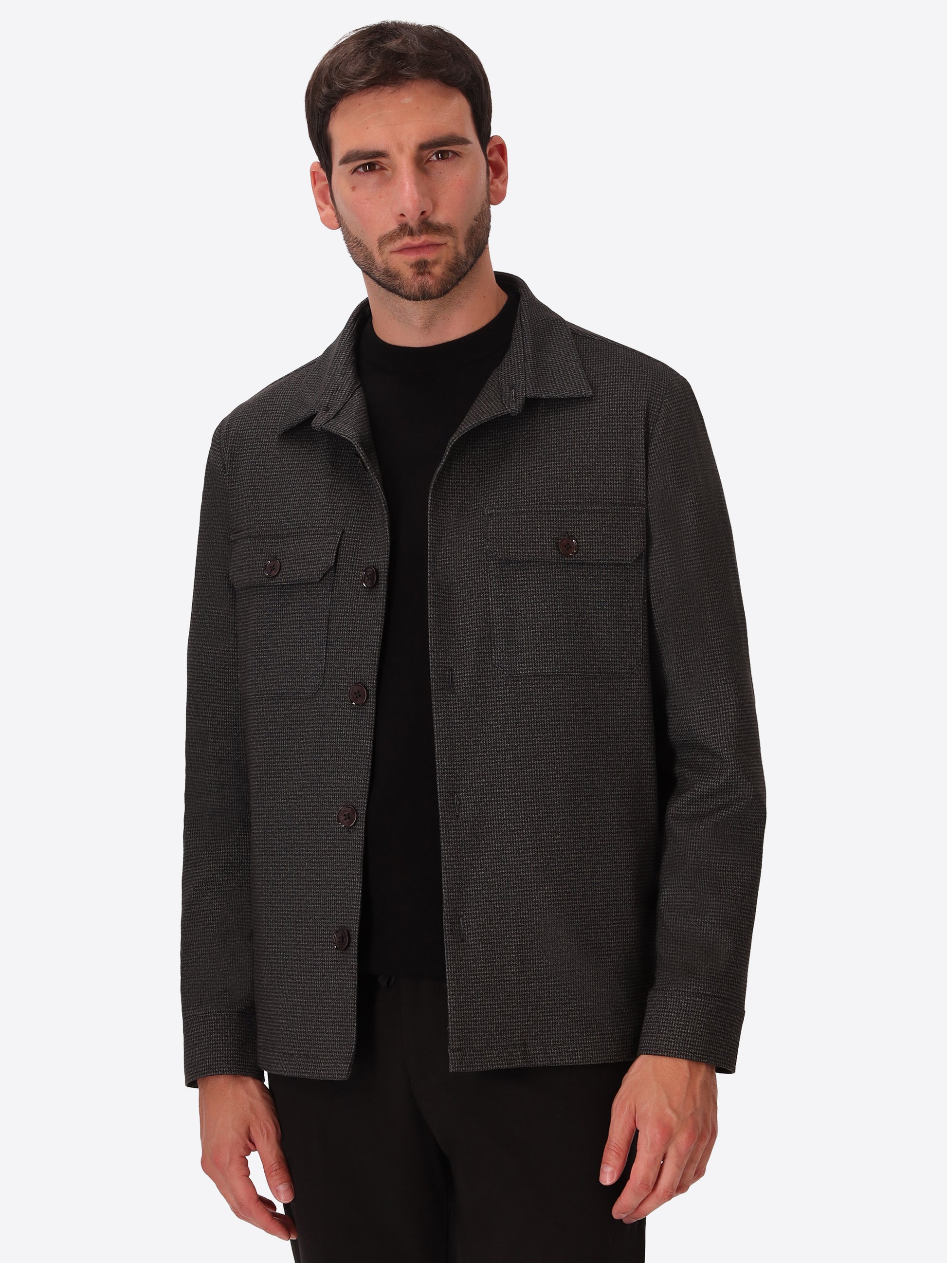 Allori Forest Green Milano-Jersey Houndstooth Shirt Jacket - Model Front View