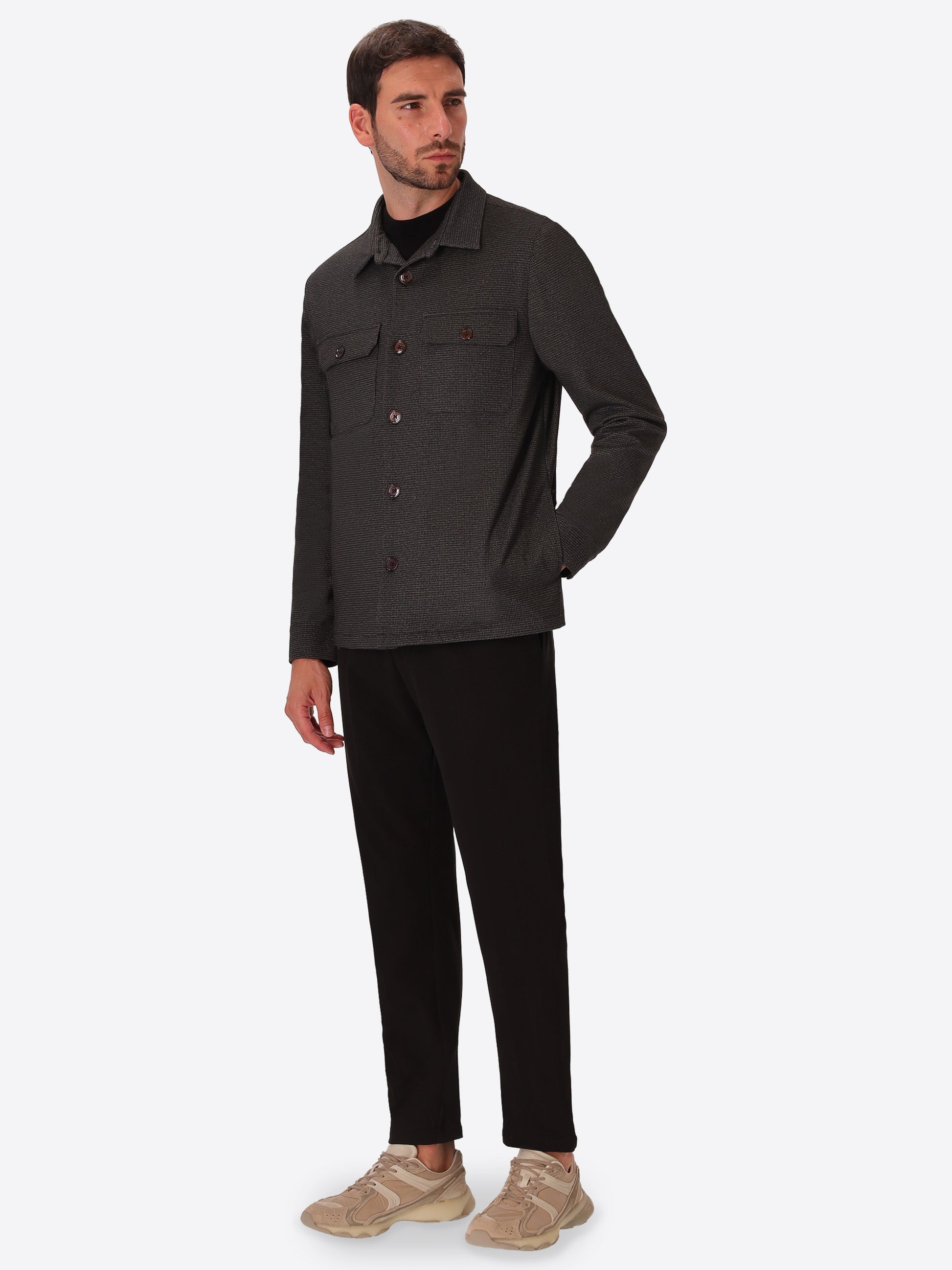 Allori Forest Green Milano-Jersey Houndstooth Shirt Jacket - Model Full Body Shot