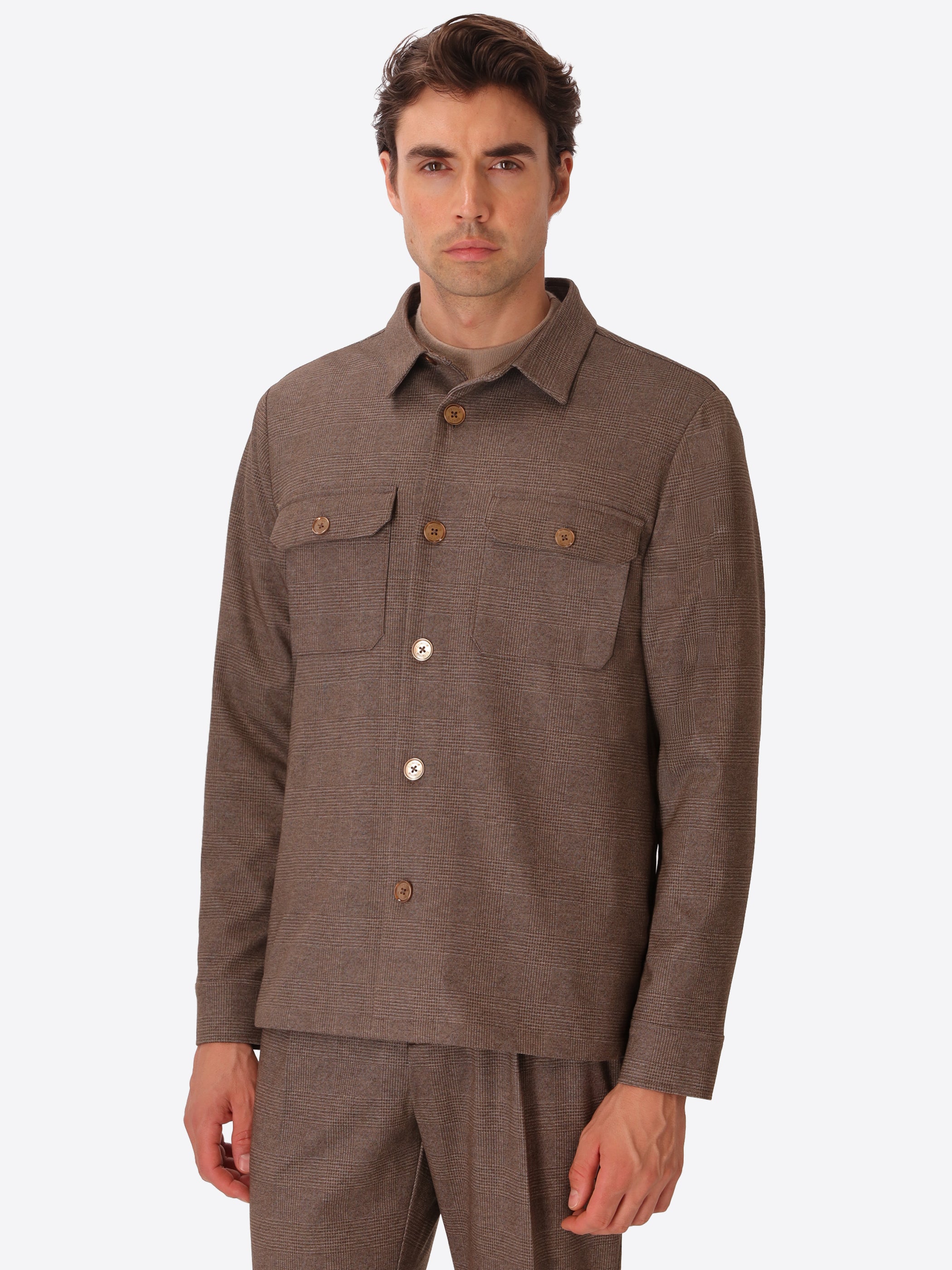 Carracci Dove Grey Milano-Jersey Prince-Of-Wales Check Shirt Jacket - Model Front View