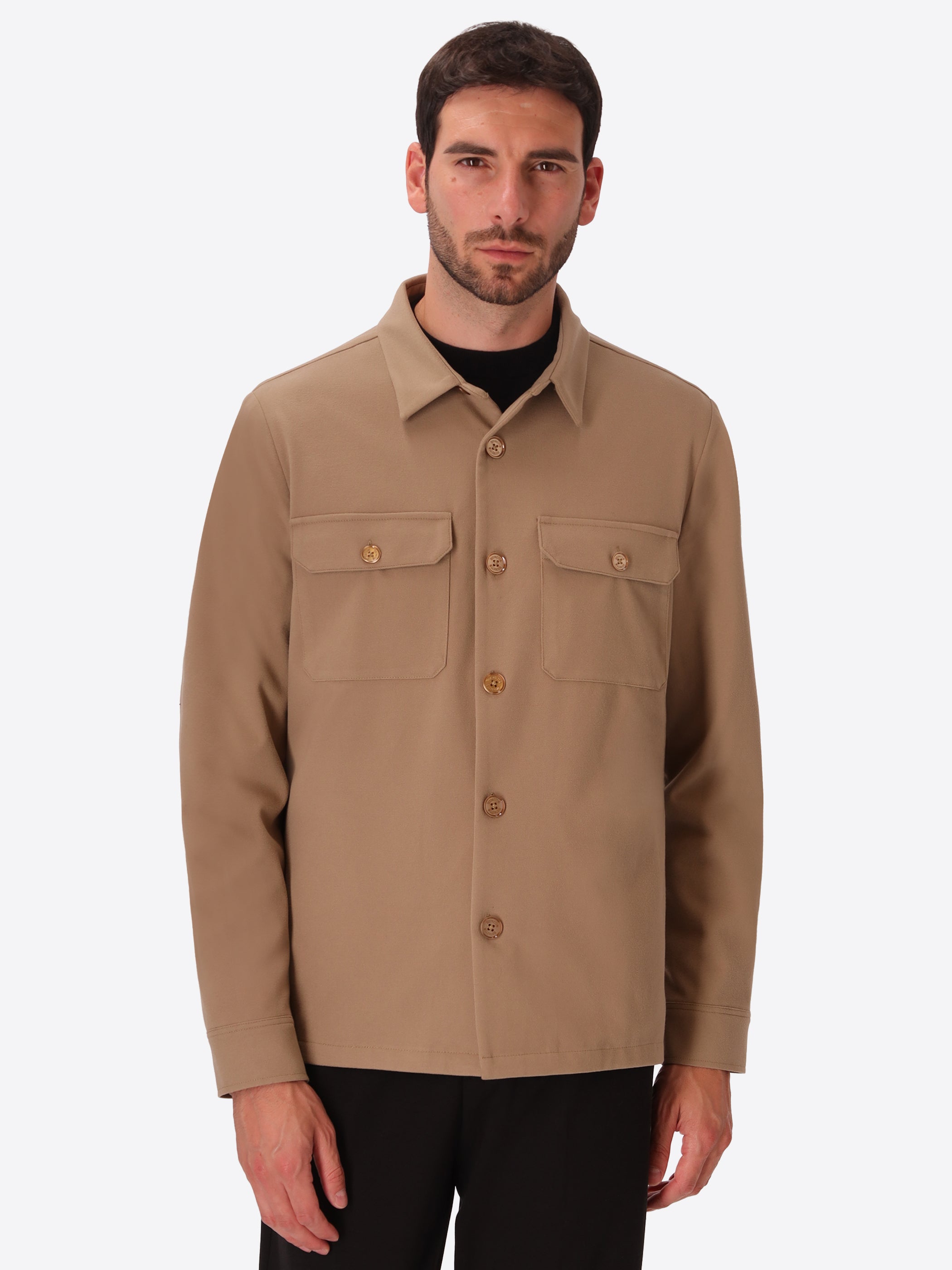 Burri Dove Grey Milano-Jersey Shirt Jacket - Model Front View