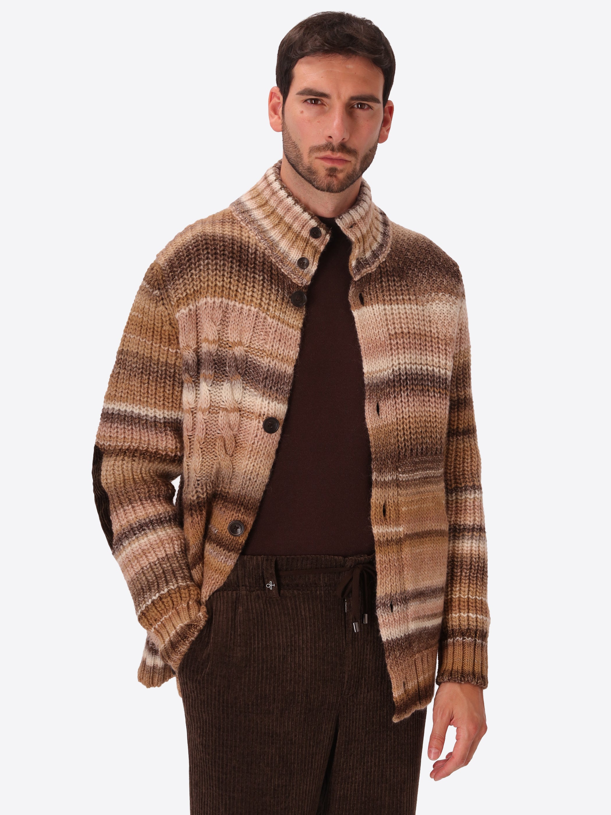 Cubismo Camel Multicolour Wool-Blend Patchwork Cardigan - Model Front View