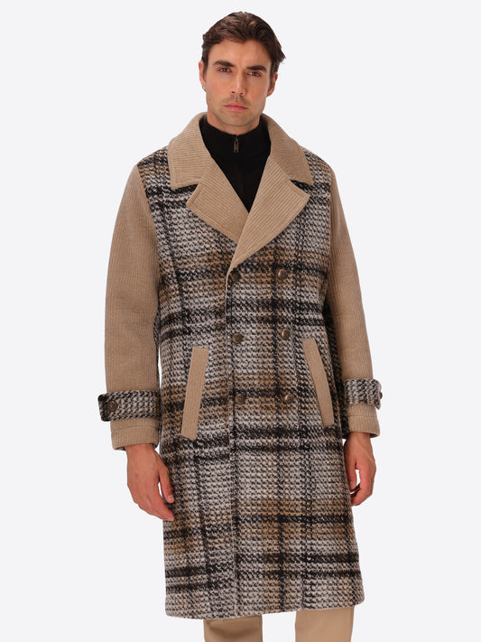 Cacha Oversized Double-Breasted Coat With Rocciatore-Velvet Inserts On Tartan Cloth - Model Front View