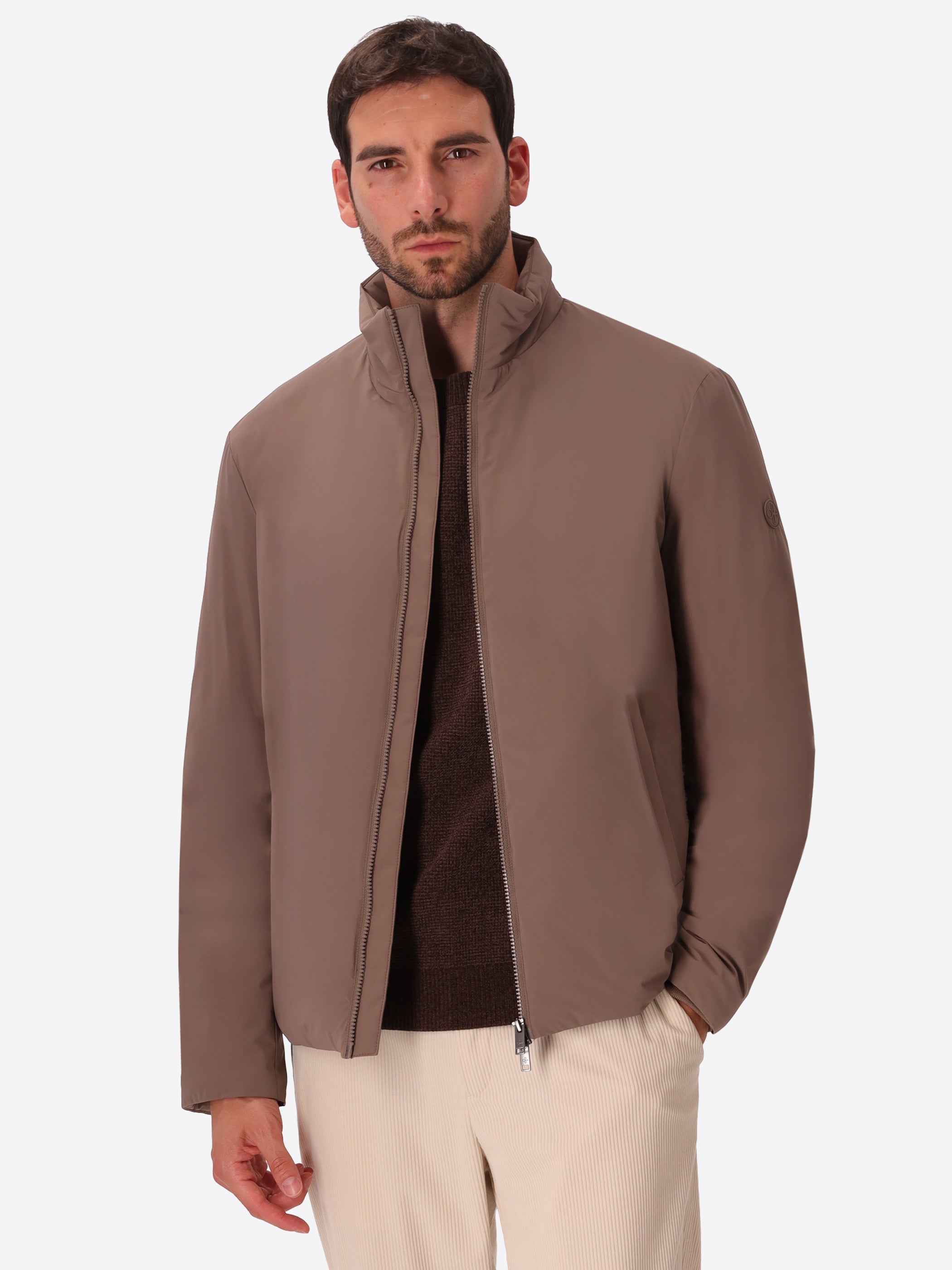 Klimt Taupe Padded Technical Nylon High-Neck Jacket - Model Front View