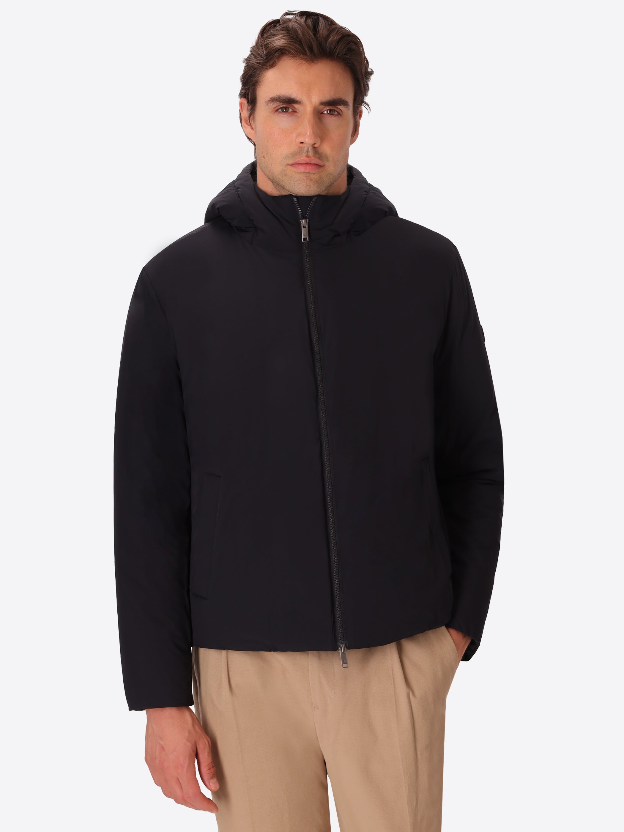 Klimt Blue Padded Technical Nylon Hooded Jacket - Model Front View