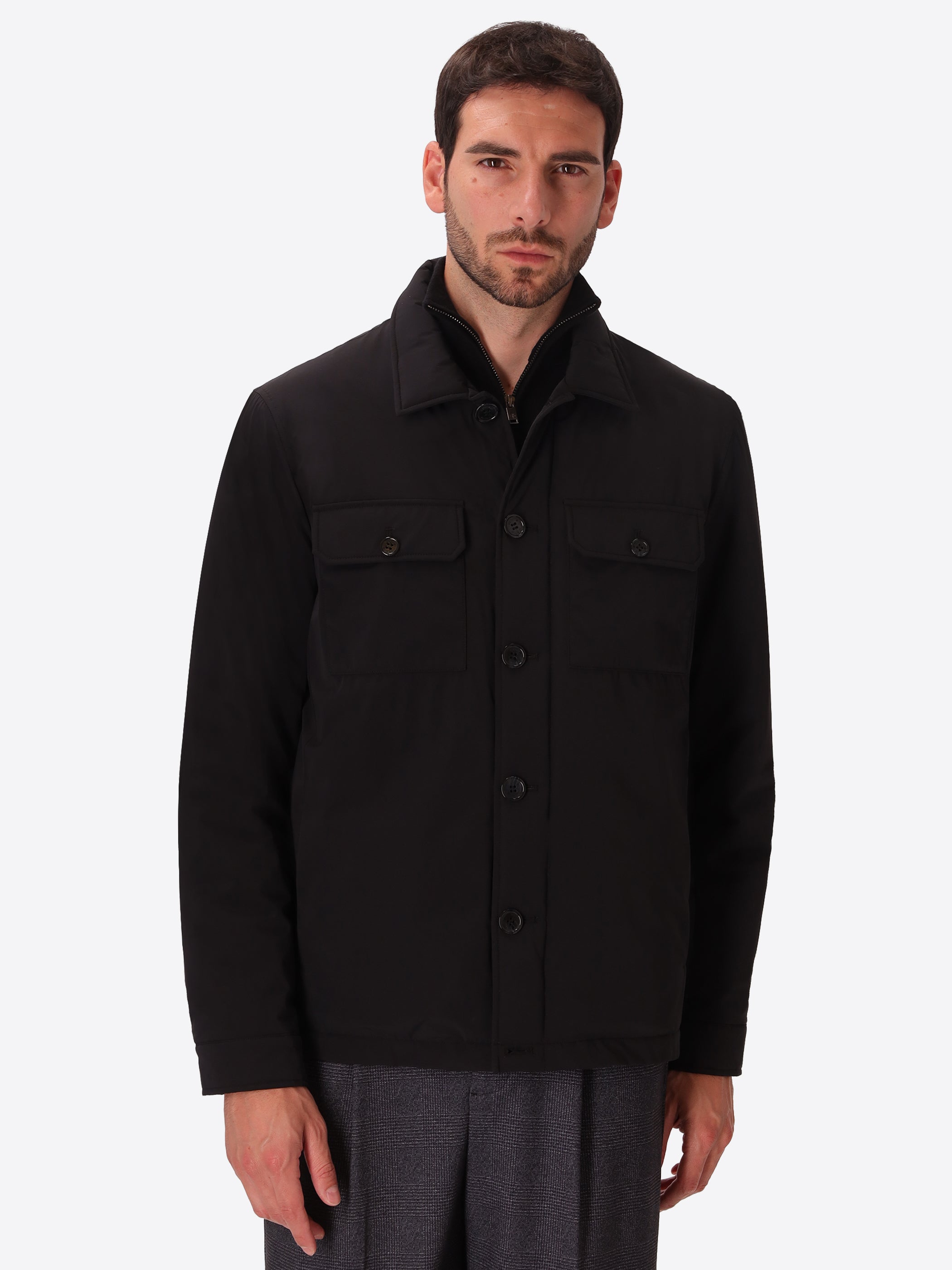 Klimt Black Padded Technical Nylon Shirt Jacket - Model Front View