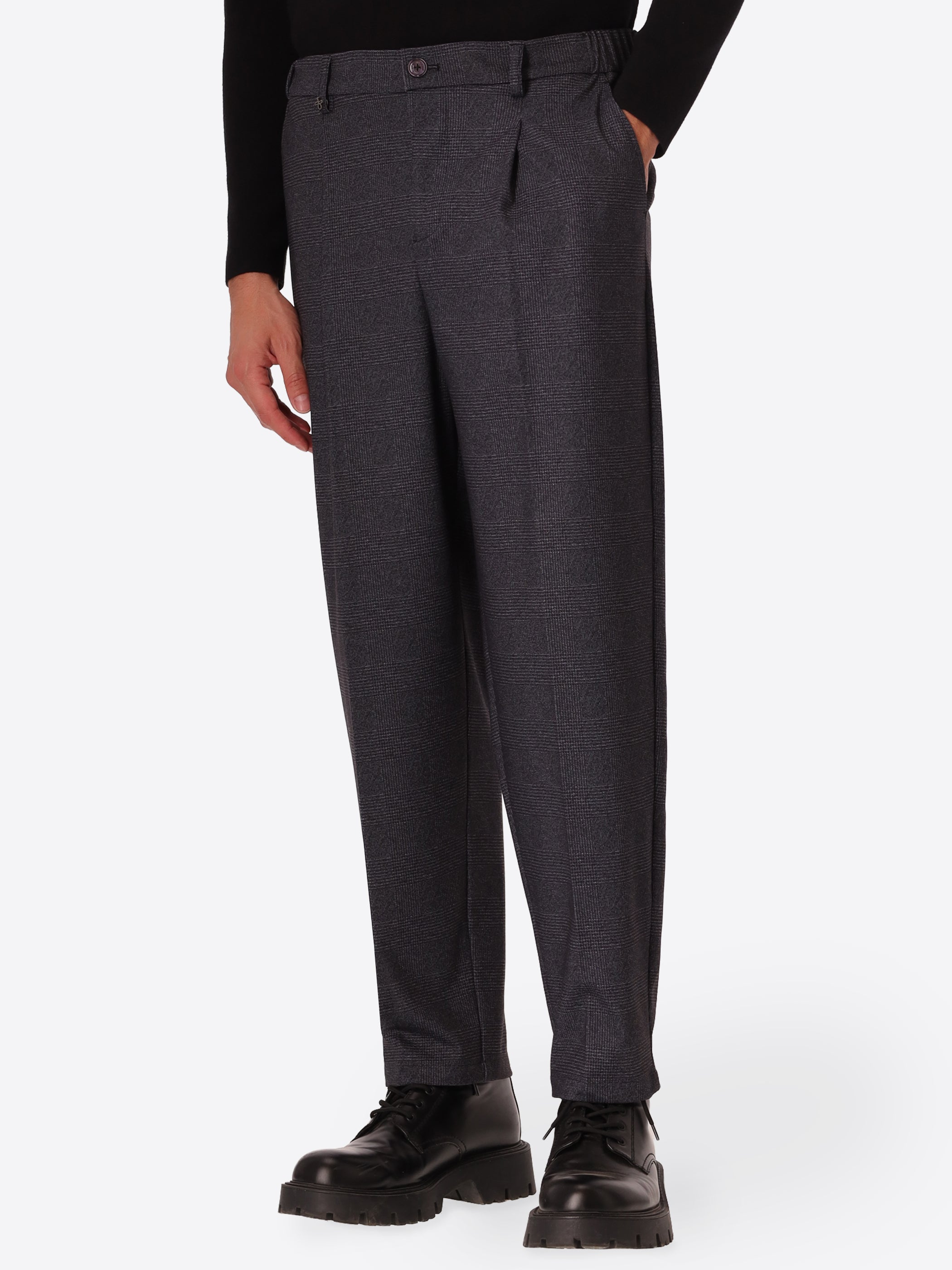 Ban Carracci Charcoal Prince-Of-Wales Milano-Jersey Trousers - Model Front View