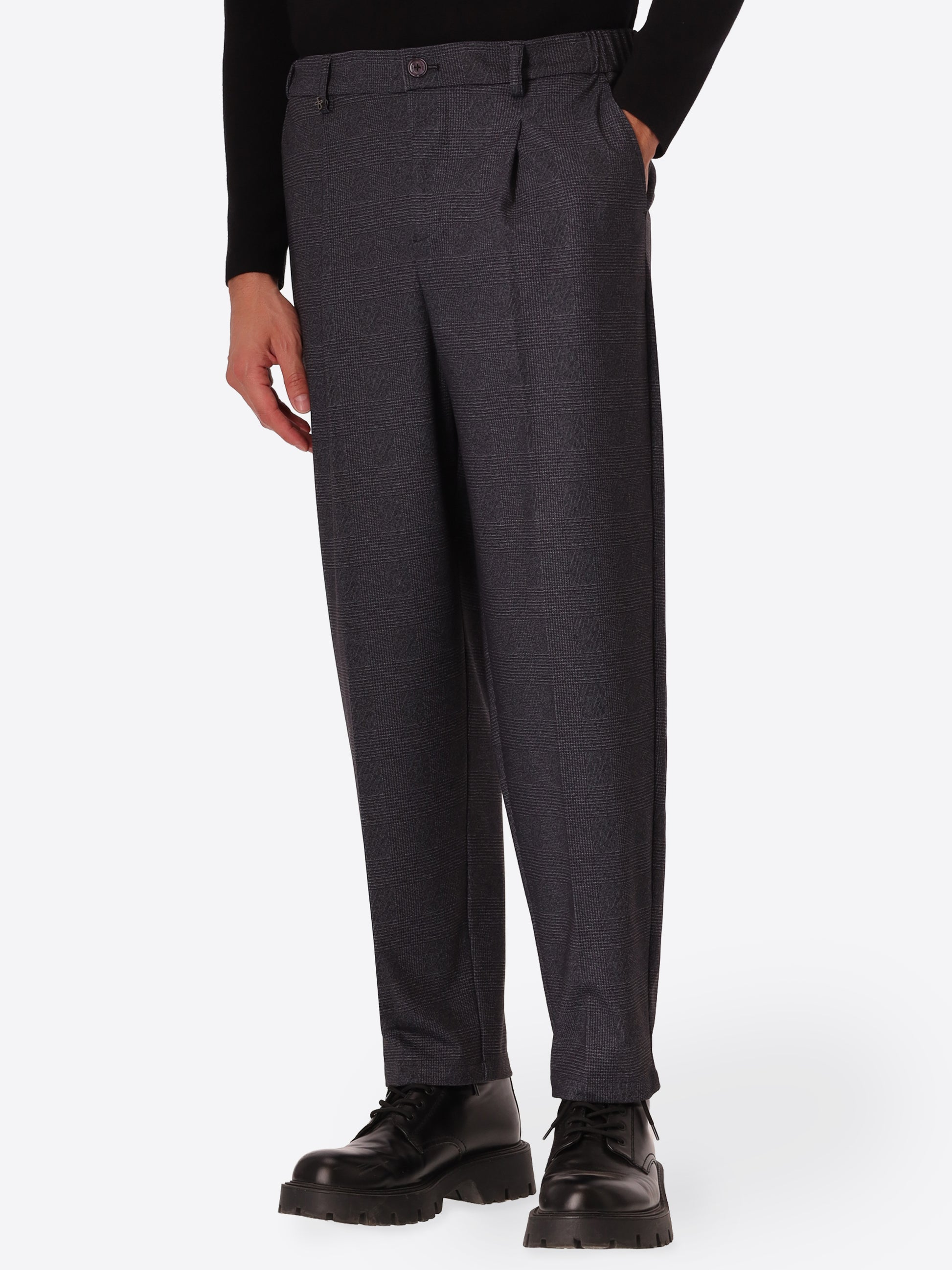 Ban Carracci Charcoal Prince-Of-Wales Milano-Jersey Trousers - Model Front View