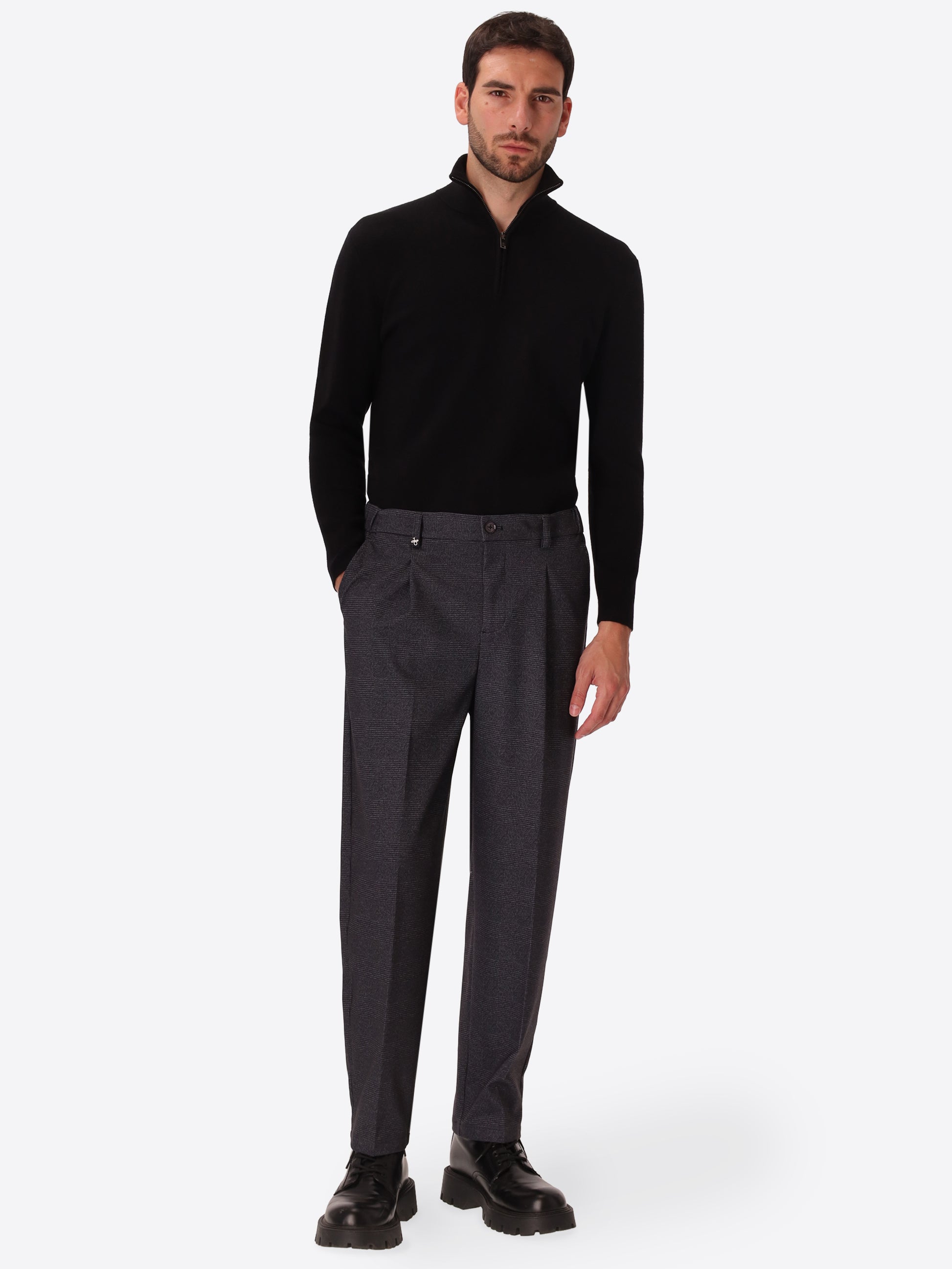 Ban Carracci Charcoal Prince-Of-Wales Milano-Jersey Trousers - Model Full Body Shot