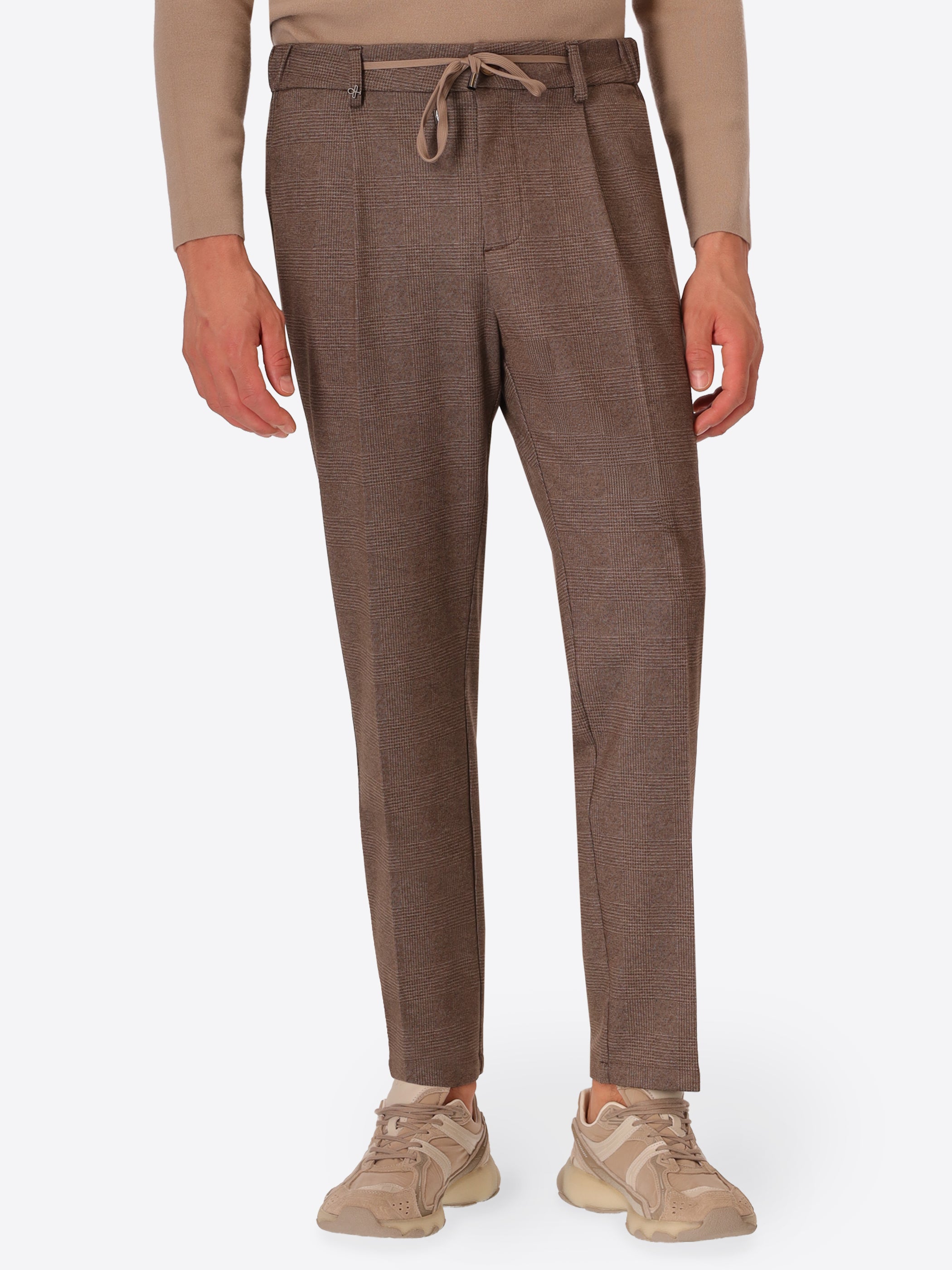 Rio Pences Carracci Dove Grey Prince-Of-Wales Milano-Jersey Trousers - Model Front View