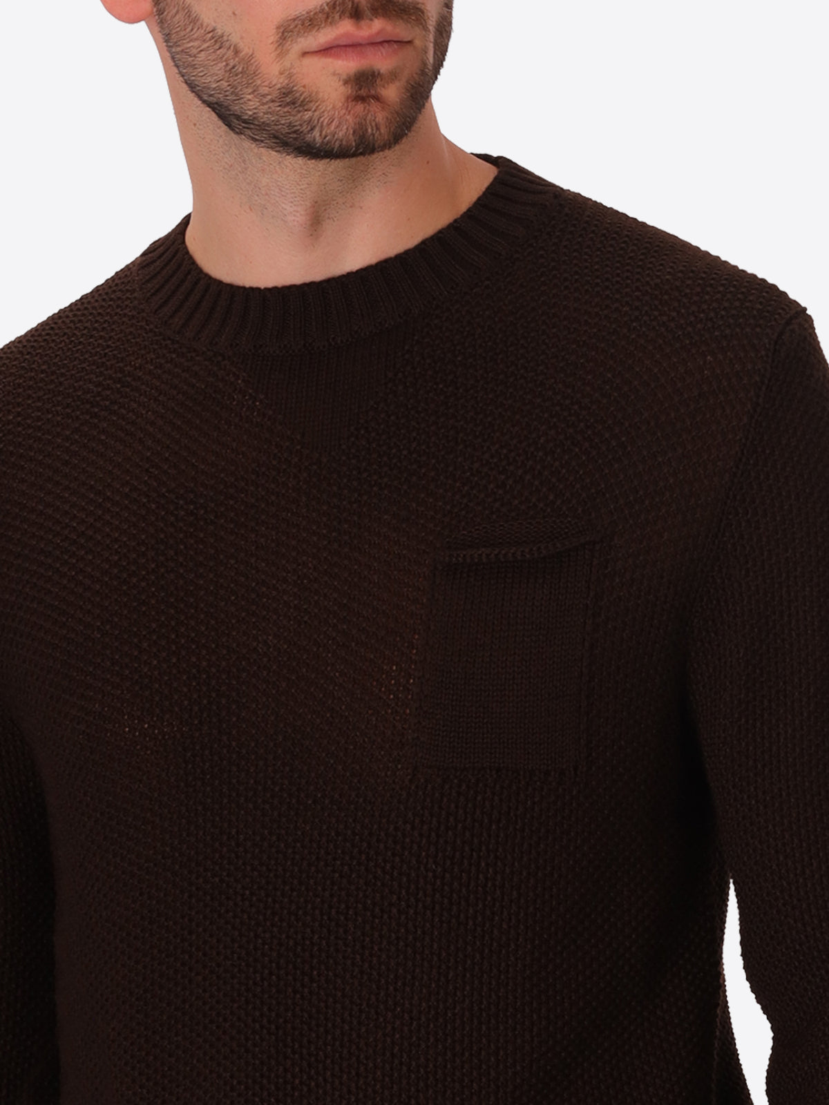 Brown Seed-Stitch Wool-Blend With Jacquard Patches Sweater Giotto - Close-Up Of The Collar