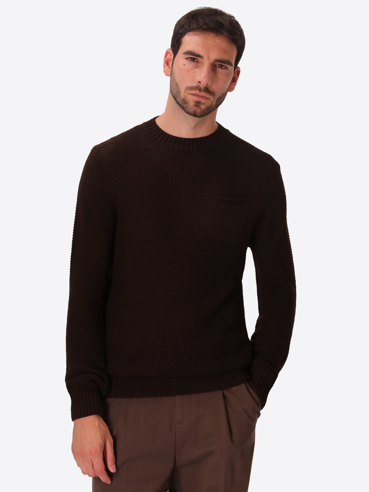 Brown Seed-Stitch Wool-Blend With Jacquard Patches Sweater Giotto - Model Front View