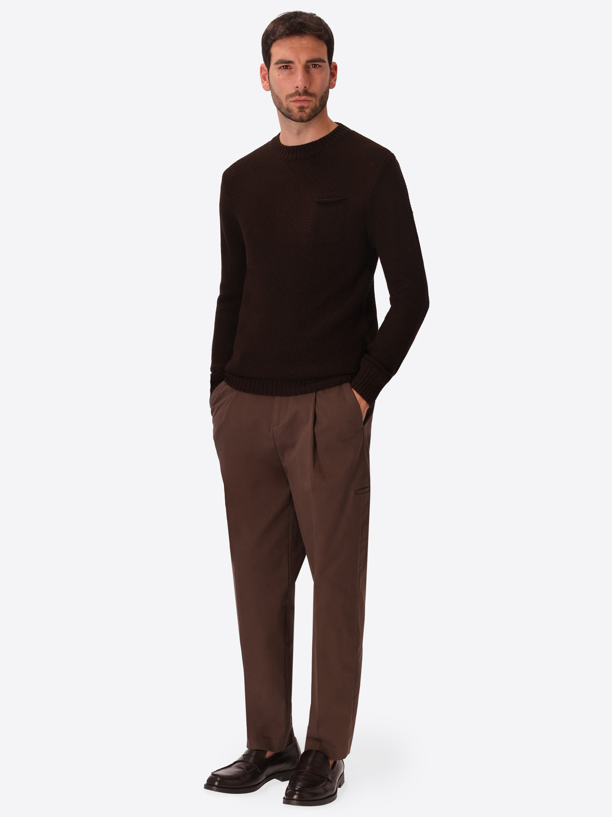 Brown Seed-Stitch Wool-Blend With Jacquard Patches Sweater Giotto - Model Full Body Shot