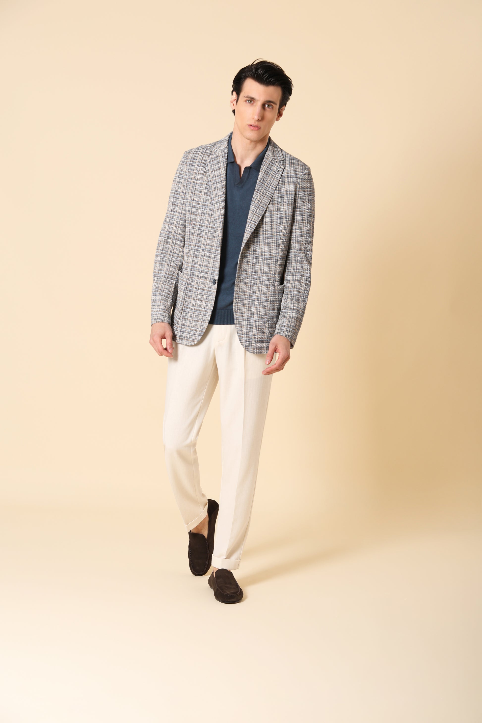 Giacca Easy In Tessuto Pallino A Rilievo Stretch Con Stampa Multi Righe Scozzese