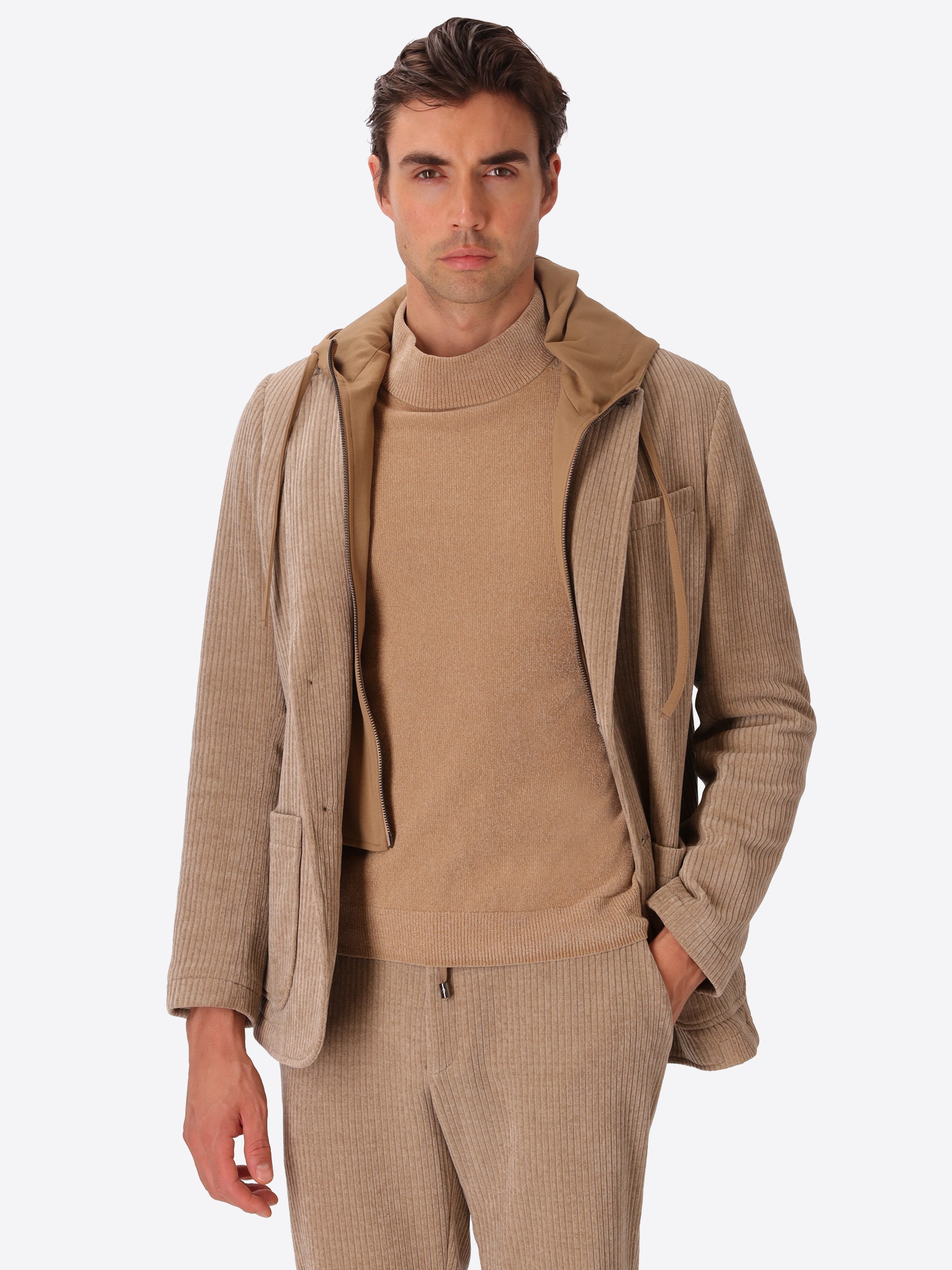 Torino Cacha/Camel Super-Comfort Velvet Jacket With Detachable Bib - Model Front View
