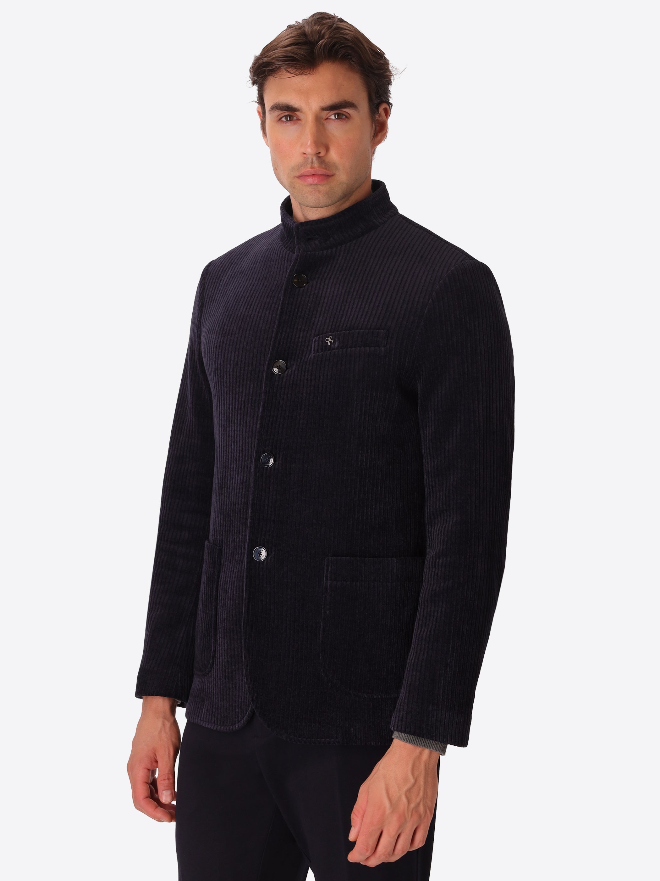 Torino Blue Super-Comfort Velvet Korean-Collar Jacket - Model Front View