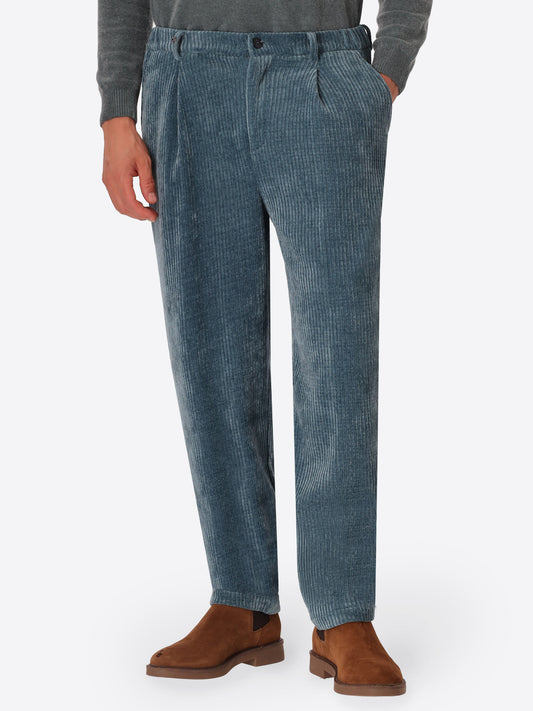 Ban Torino Petrol Blue Super-Comfort Velvet Trousers - Model Front View