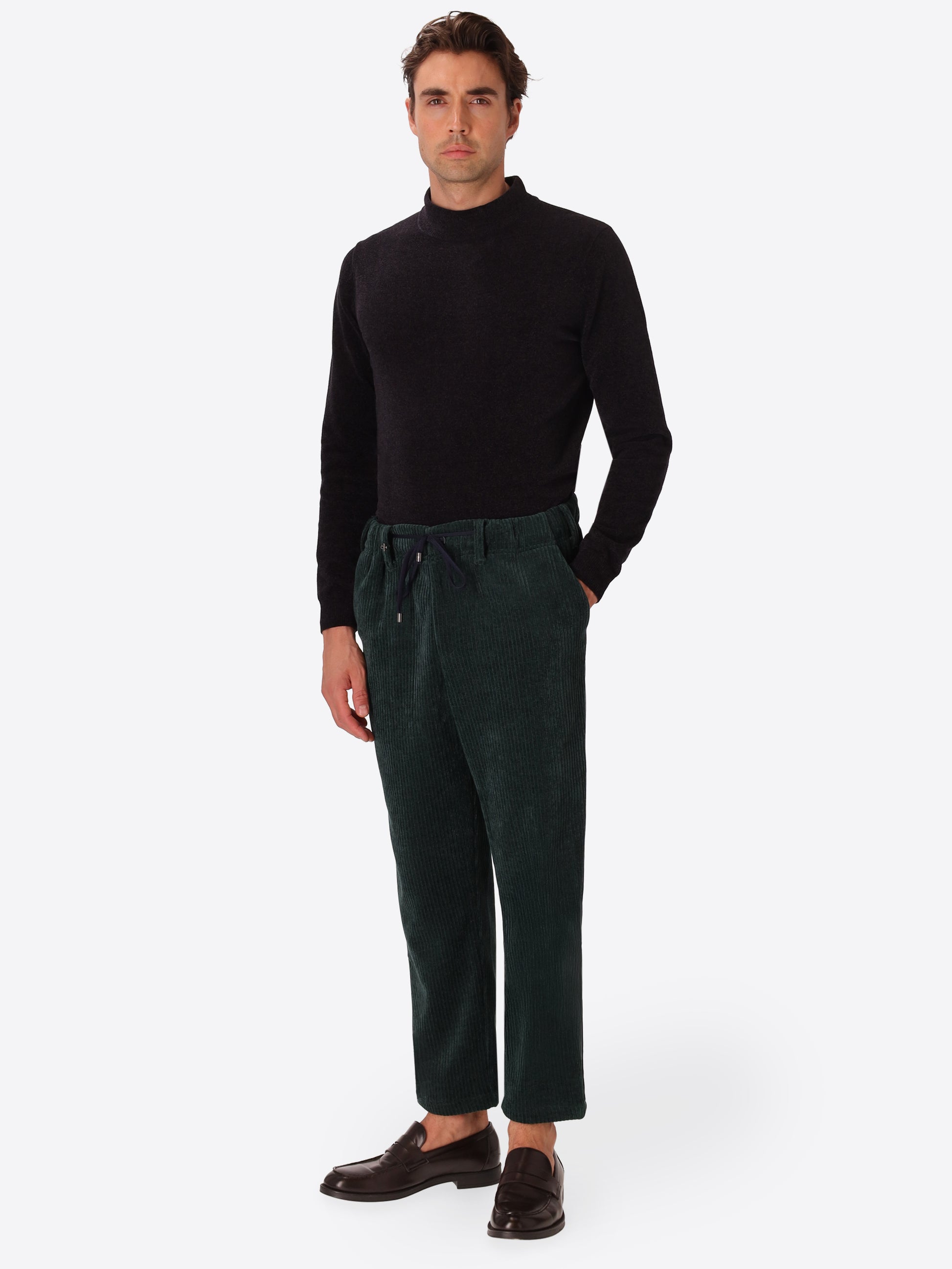 Relax Torino Bottle Green Super-Comfort Velvet Trousers - Model Full Body Shot