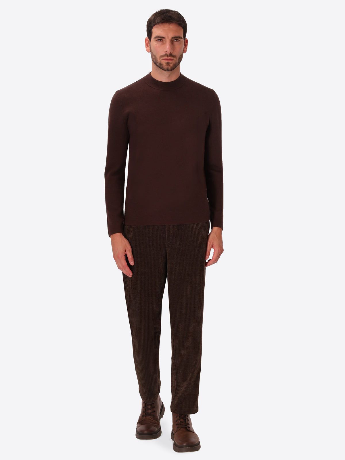Brown Sustainable Viscose-Blend Compact Knit Turtleneck Sweater Ayres - Model Full Body Shot