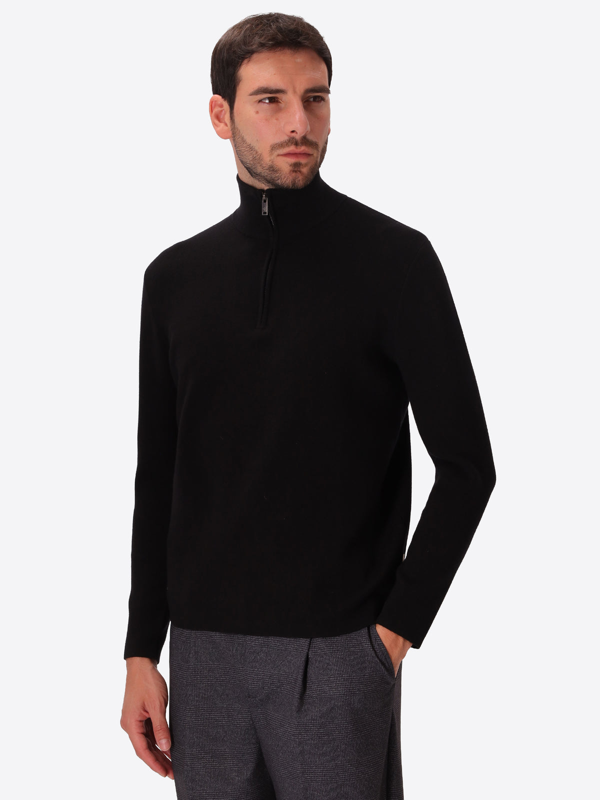 Black Sustainable Viscose-Blend Compact Knit Zip Turtleneck Sweater Ayres - Model Front View