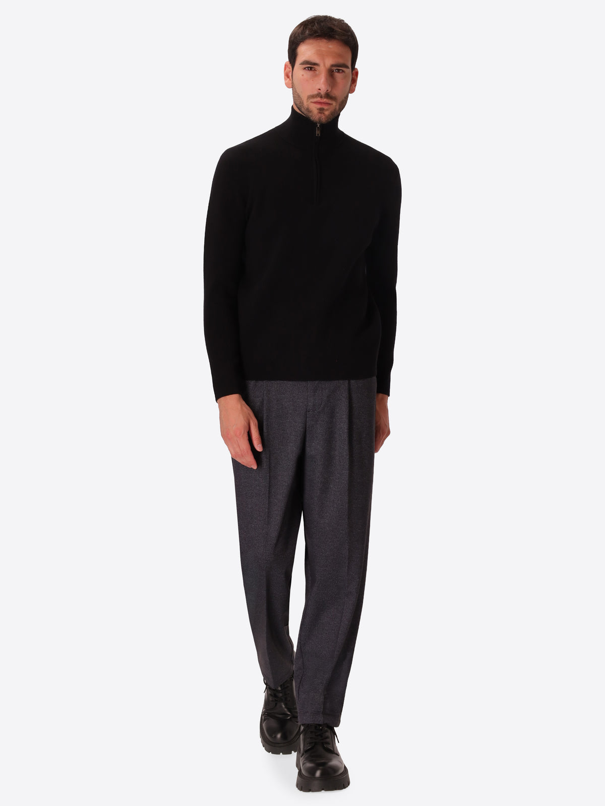 Black Sustainable Viscose-Blend Compact Knit Zip Turtleneck Sweater Ayres - Model Full Body Shot