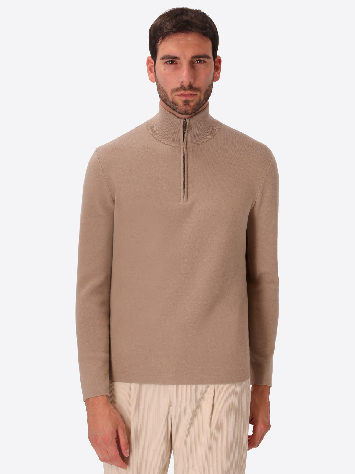 Dove Grey Sustainable Viscose-Blend Compact Knit Zip Turtleneck Sweater Ayres - Model Front View
