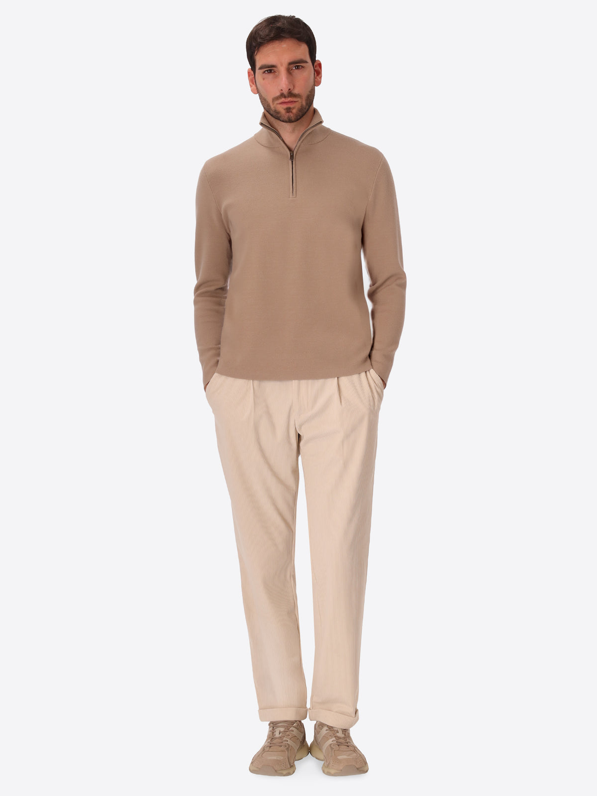Dove Grey Sustainable Viscose-Blend Compact Knit Zip Turtleneck Sweater Ayres - Model Full Body Shot