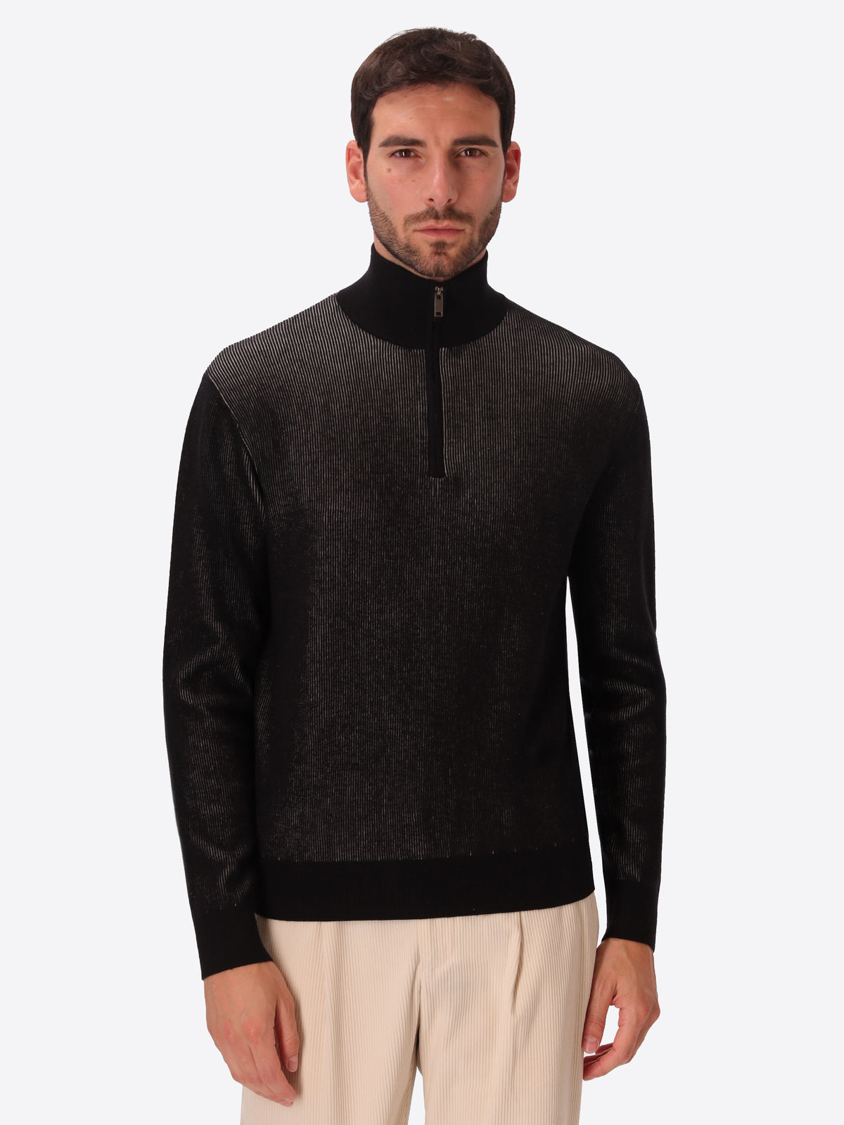 Black Sustainable Viscose-Blend Zip Turtleneck Sweater Aloisio - Model Front View