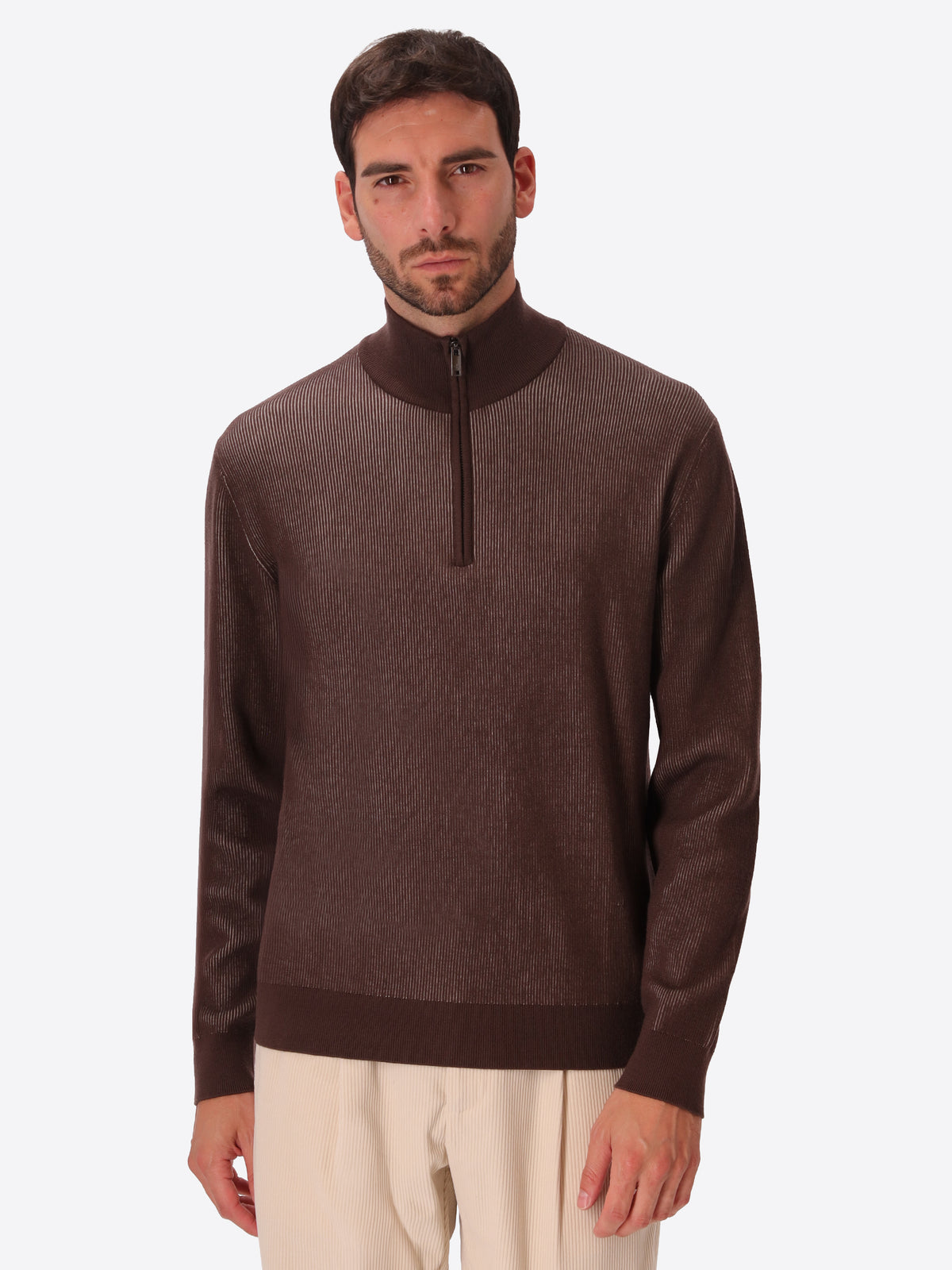 Brown Sustainable Viscose-Blend Zip Turtleneck Sweater Aloisio - Model Front View
