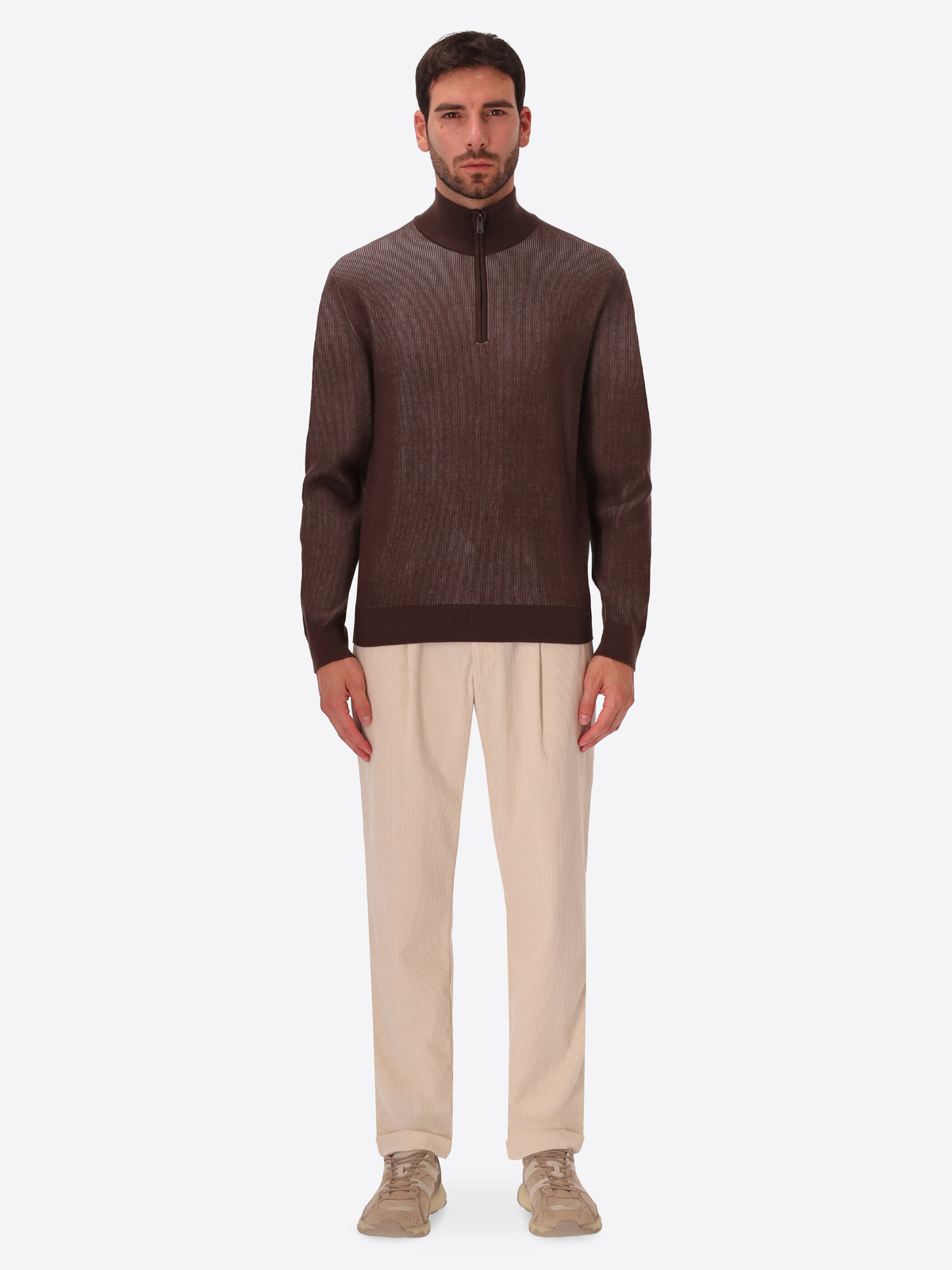 Brown Sustainable Viscose-Blend Zip Turtleneck Sweater Aloisio - Model Full Body Shot