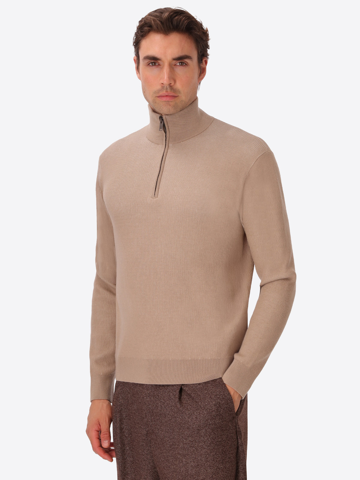 Dove Grey Sustainable Viscose-Blend Zip Turtleneck Sweater Aloisio - Model Front View