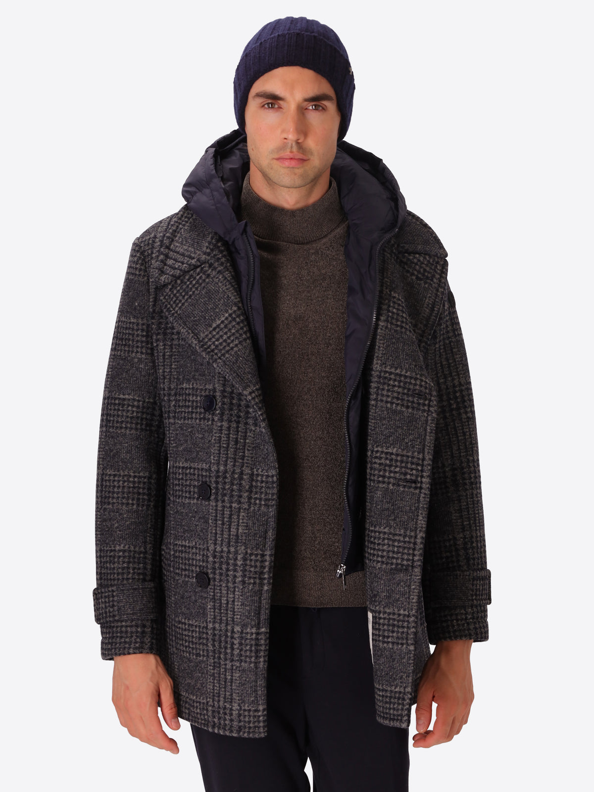 Tartan-Walkloden-Peacoat Borghese mit abnehmbarem Latzteil