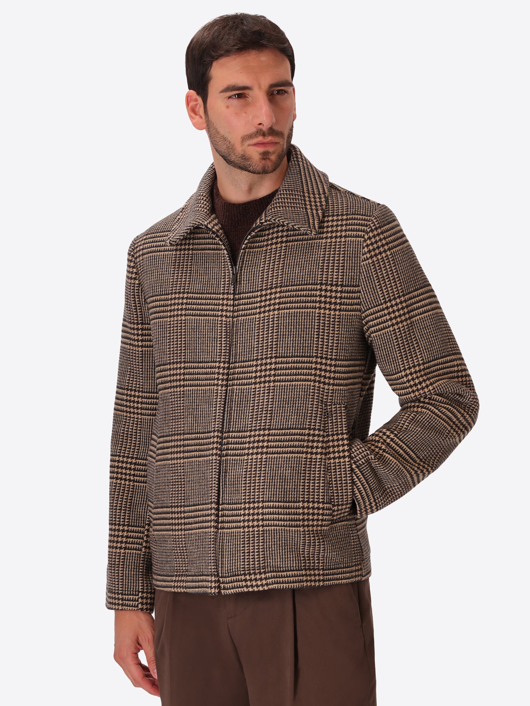 Tiberio Brown Tartan Wool-Blend Aviator Jacket - Model Front View