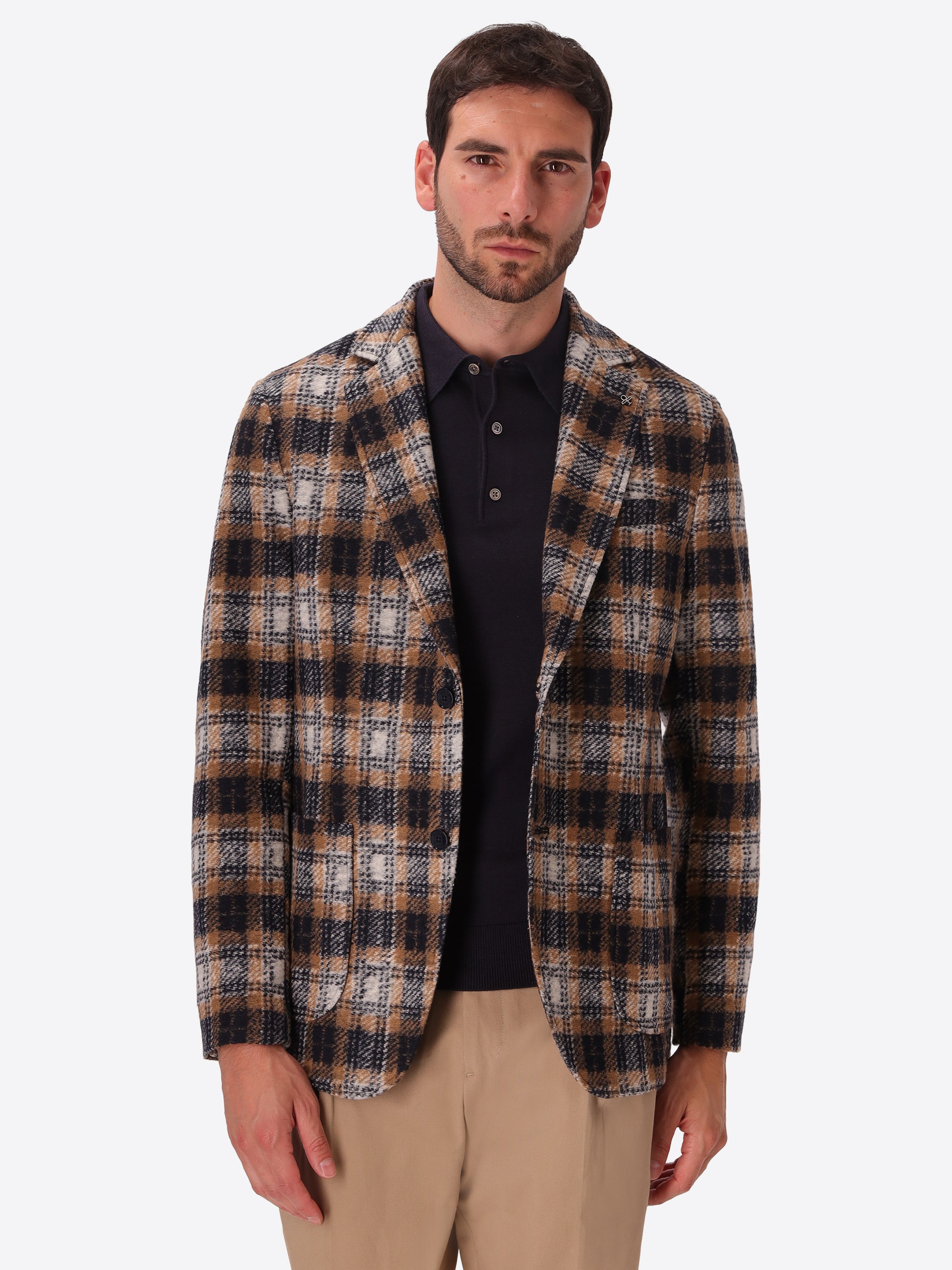 Masaccio Blue Tartan Wool-Blend Jacket - Model Front View
