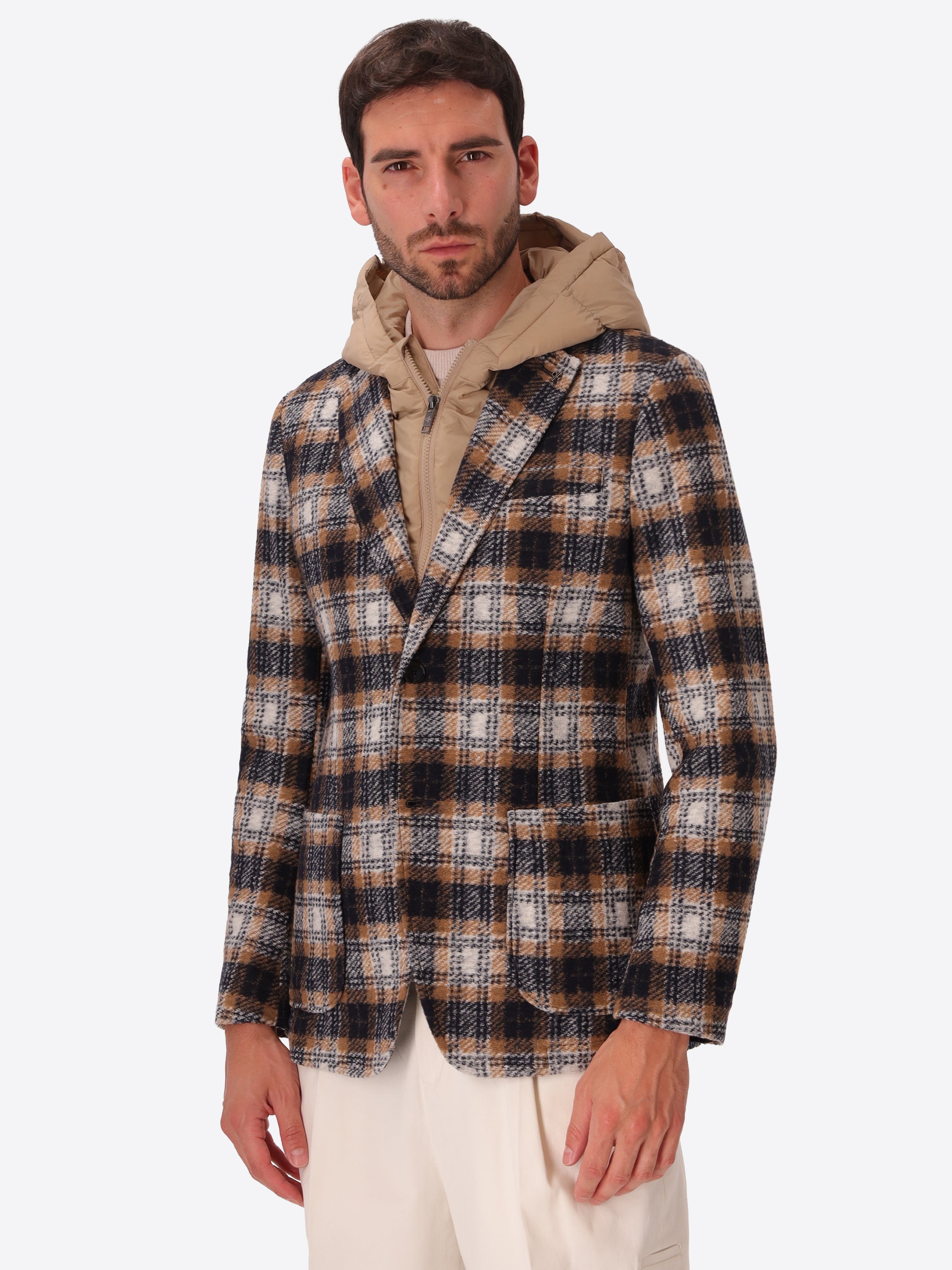 Masaccio Blue/Cacha Tartan Wool-Blend Jacket With Detachable Bib - Model Front View