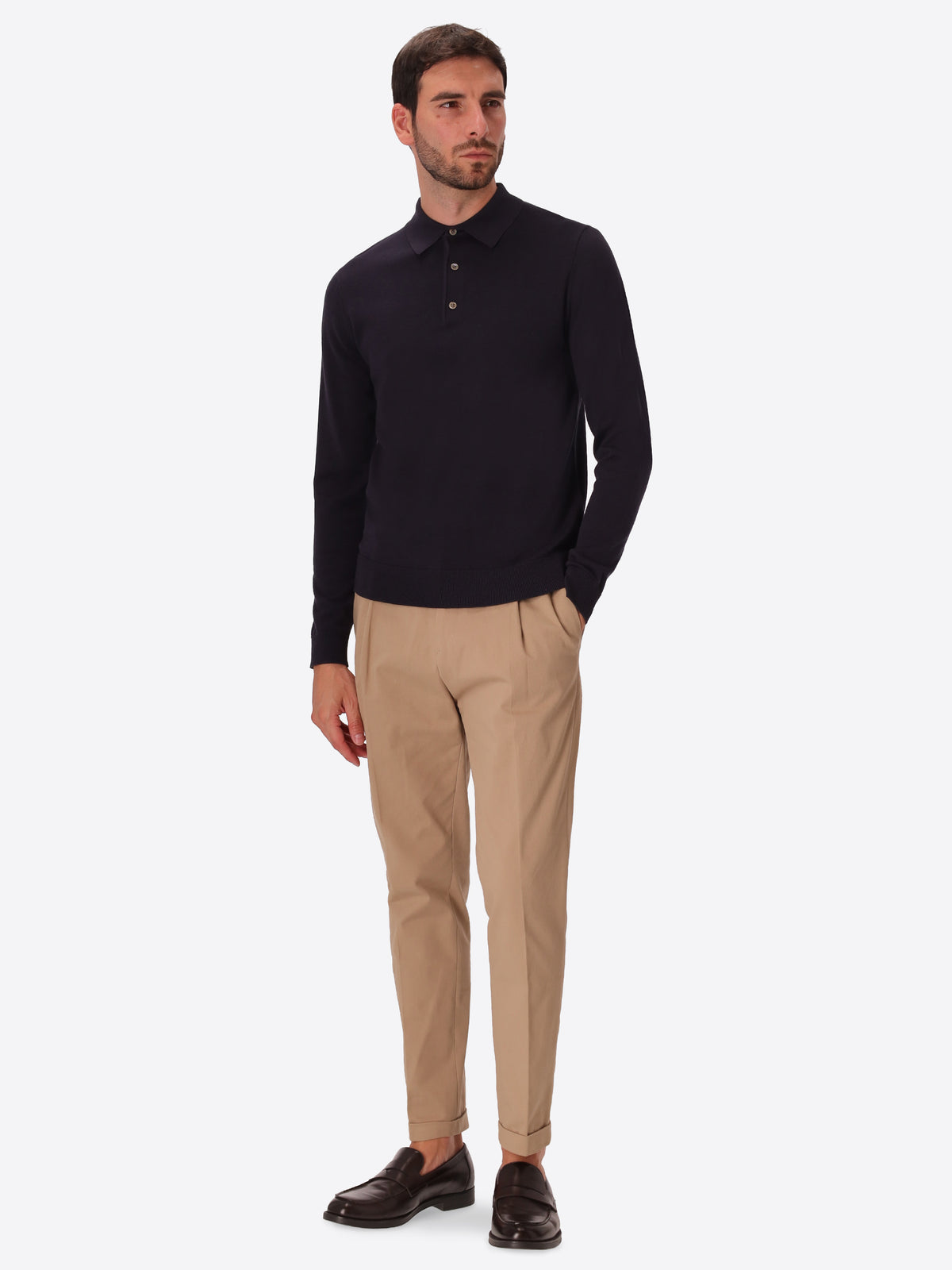 Perugino Blue Technical Cotton-Blend Knit Polo - Model Full Body Shot