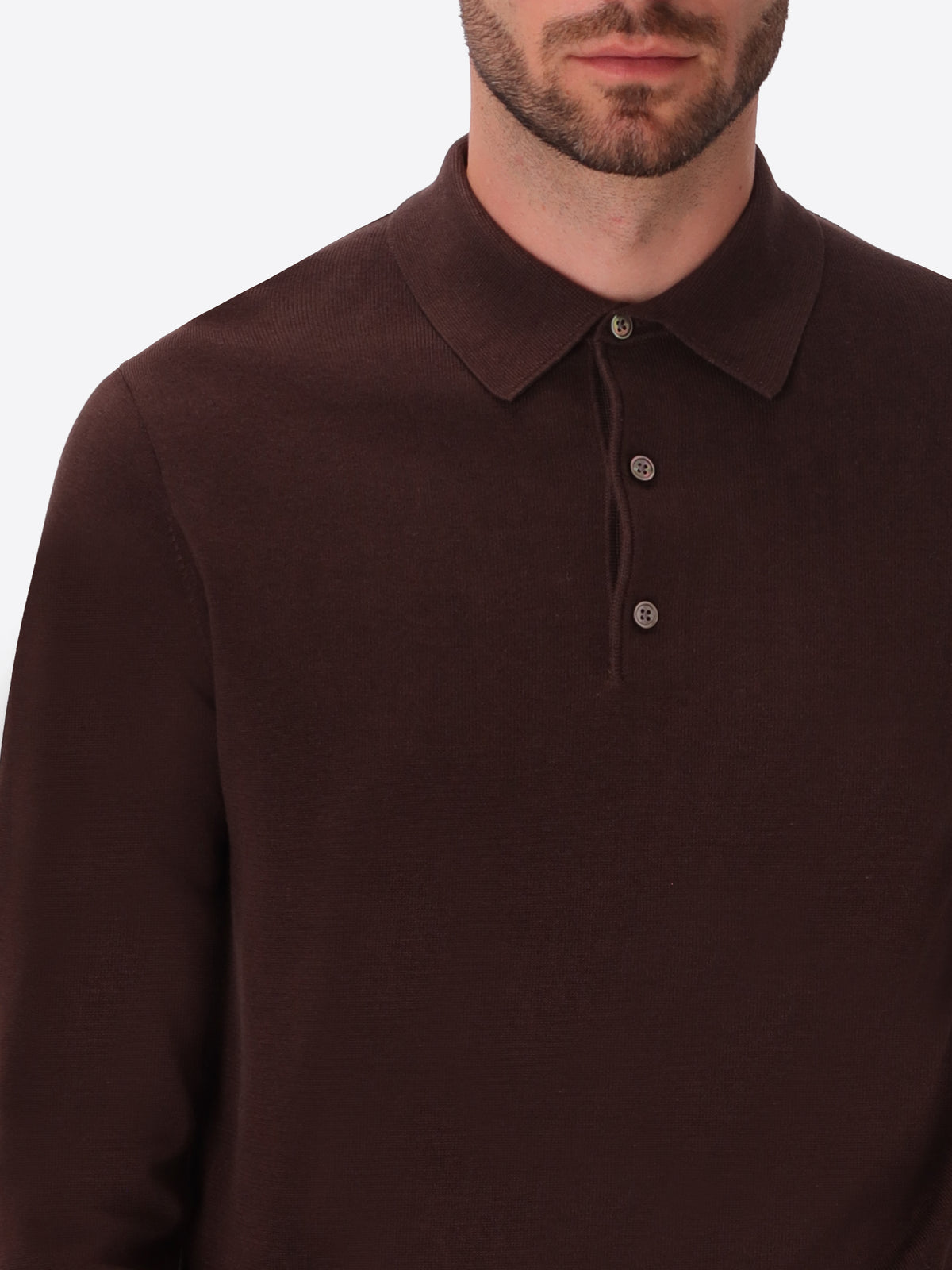 Perugino Brown Technical Cotton-Blend Knit Polo - Close-Up Of The Collar