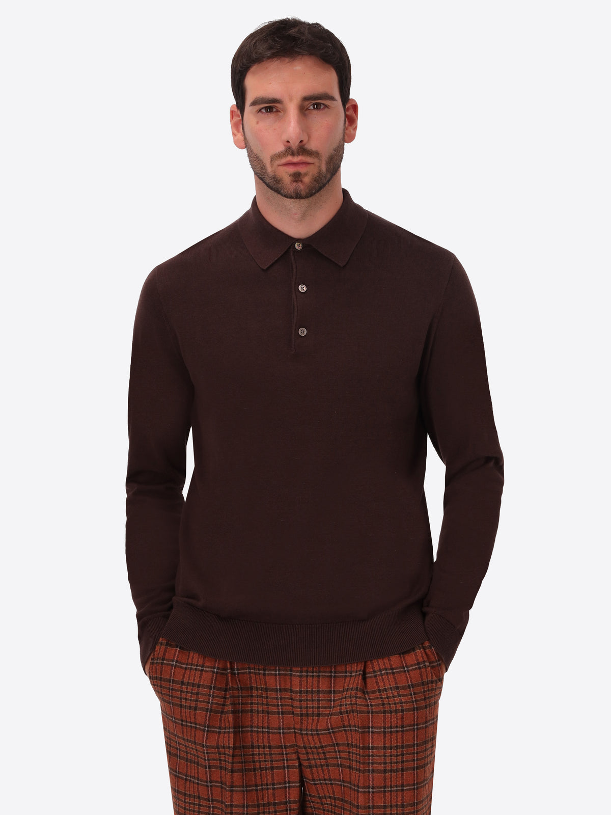 Perugino Brown Technical Cotton-Blend Knit Polo - Model Front View