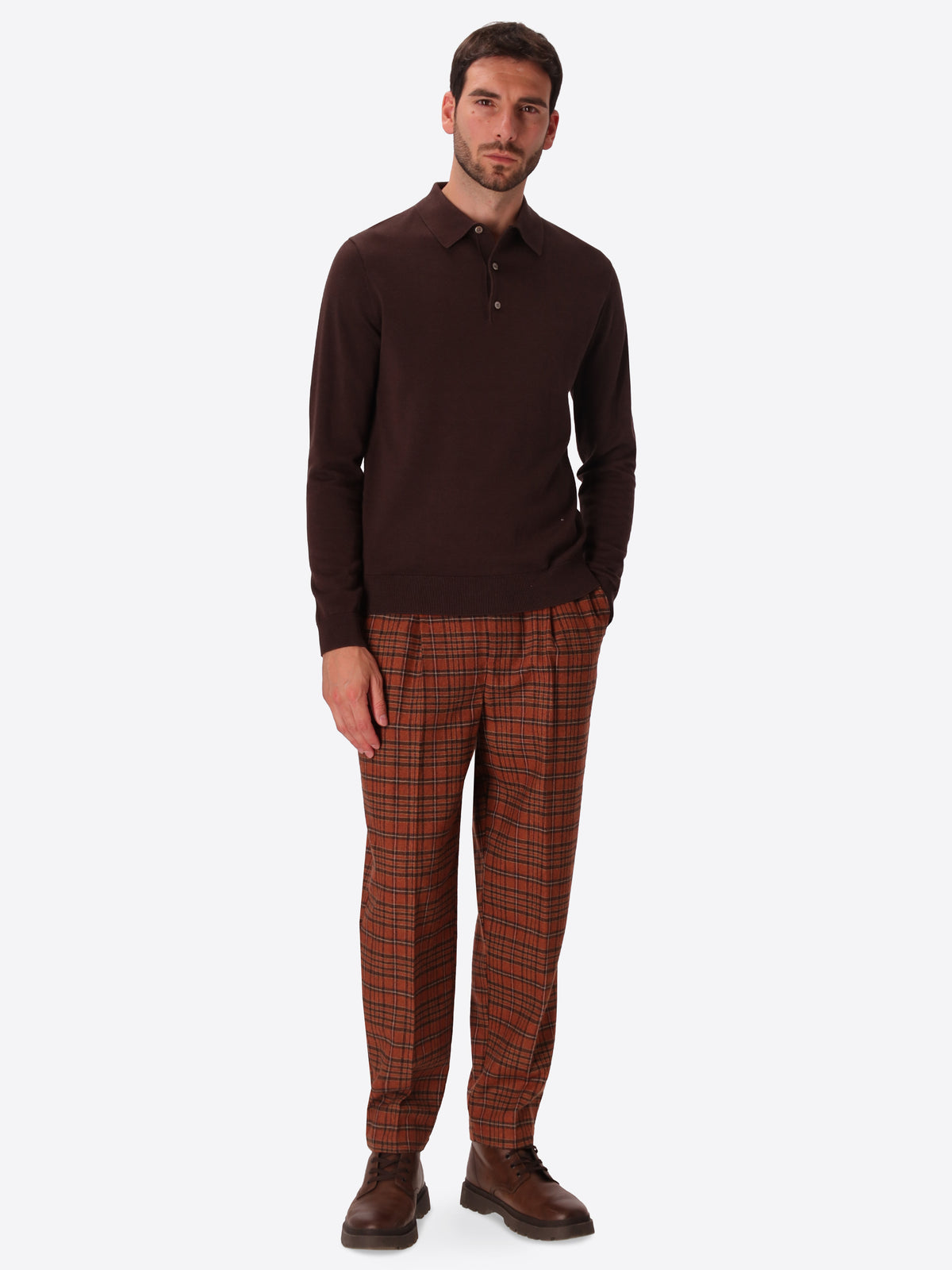 Perugino Brown Technical Cotton-Blend Knit Polo - Model Full Body Shot
