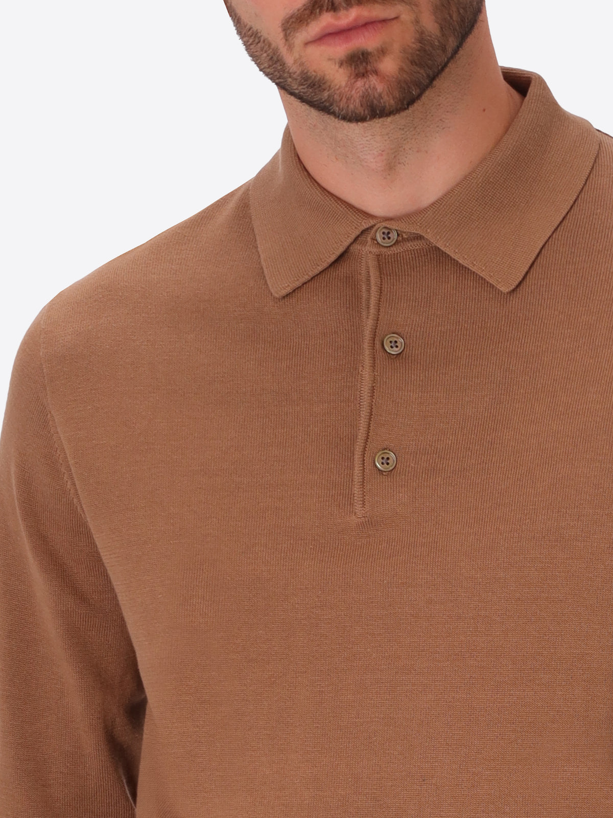 Perugino Camel Technical Cotton-Blend Knit Polo - Close-Up Of The Collar