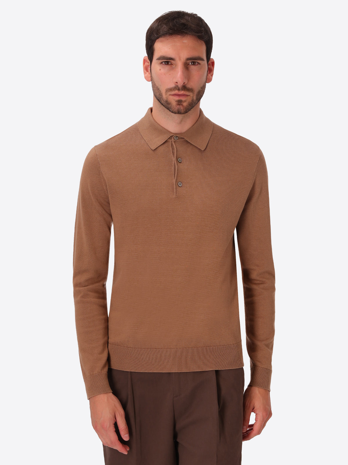 Perugino Camel Technical Cotton-Blend Knit Polo - Model Front View