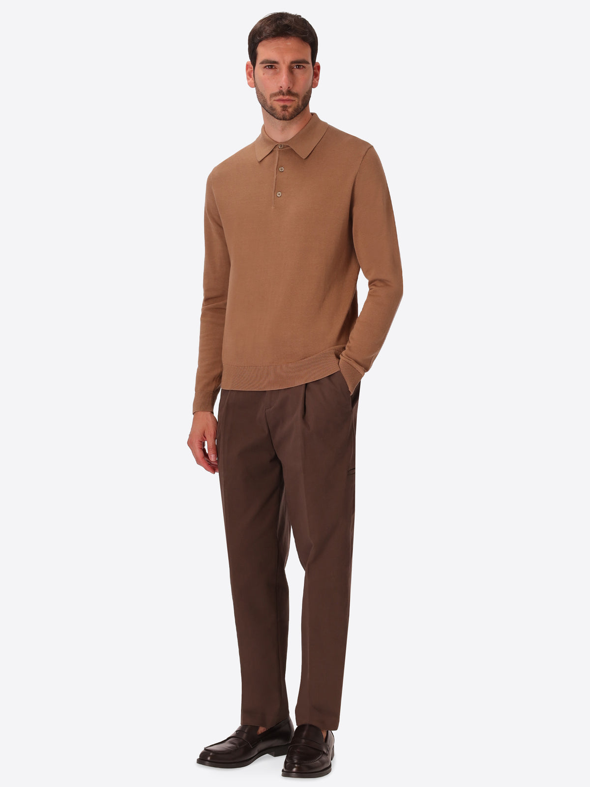 Perugino Camel Technical Cotton-Blend Knit Polo - Model Full Body Shot