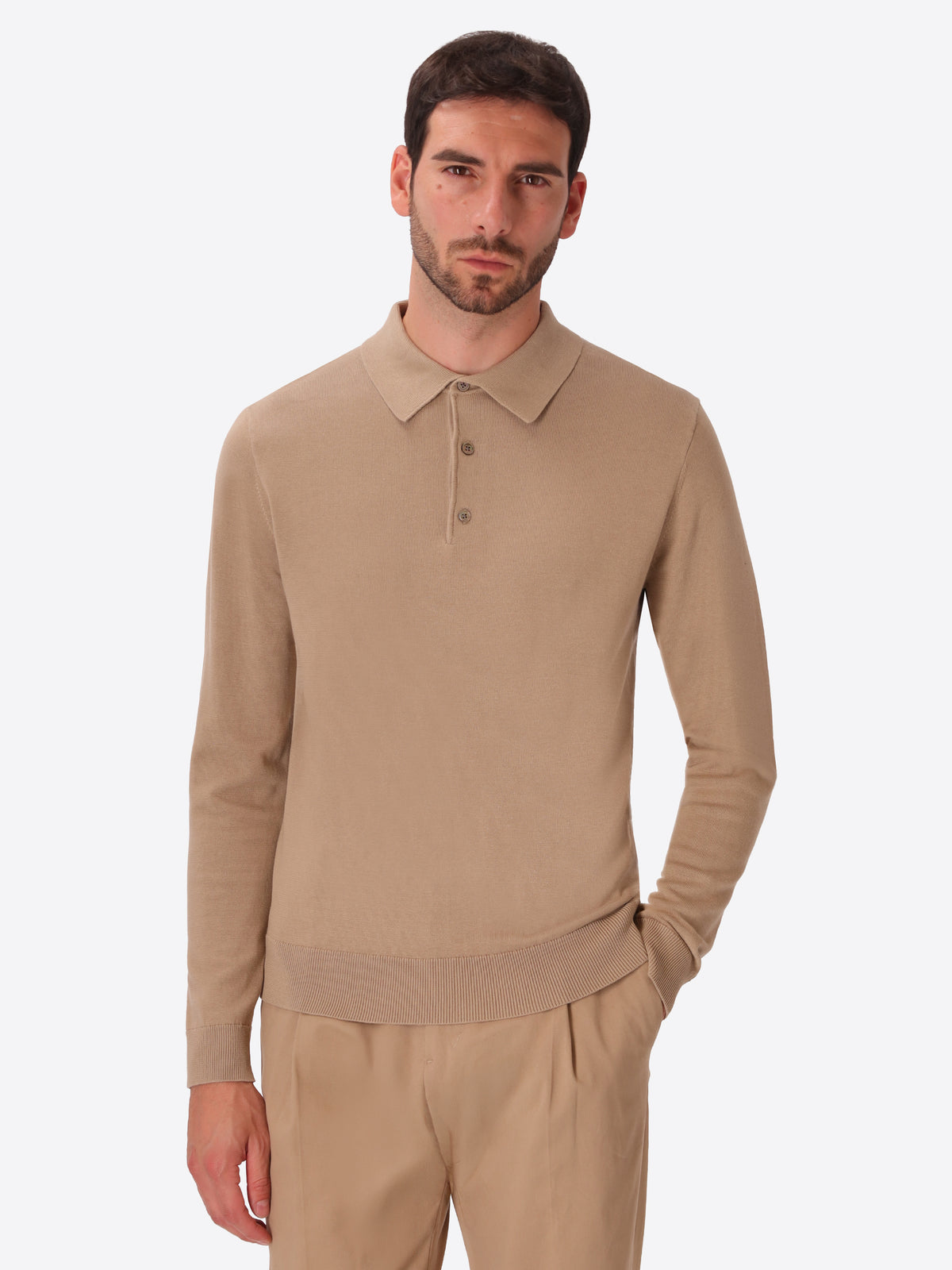 Perugino Dove Grey Technical Cotton-Blend Knit Polo - Model Front View